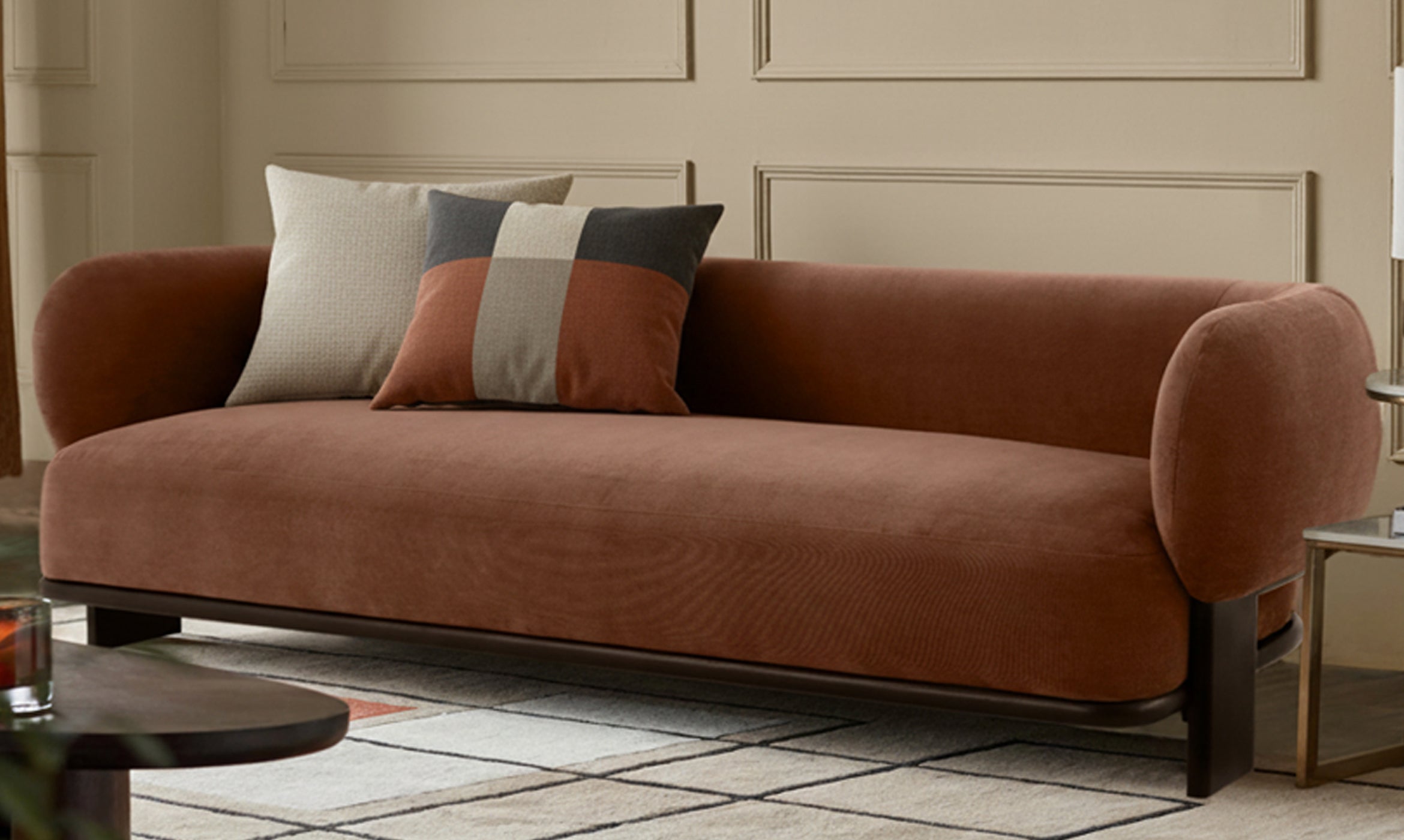 Florence apricot chenille with dark wood 3 seater sofa