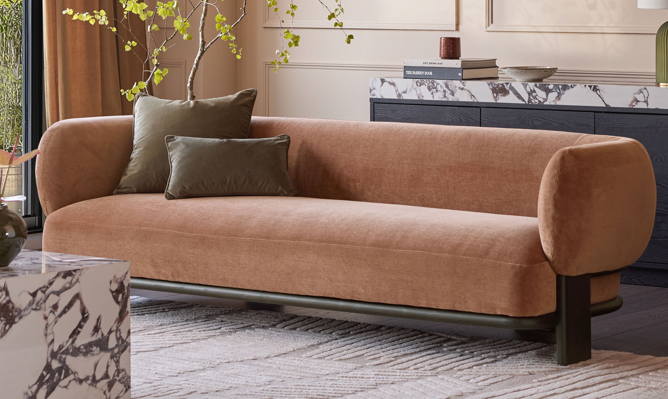 Florence apricot chenille with dark wood 3 seater sofa