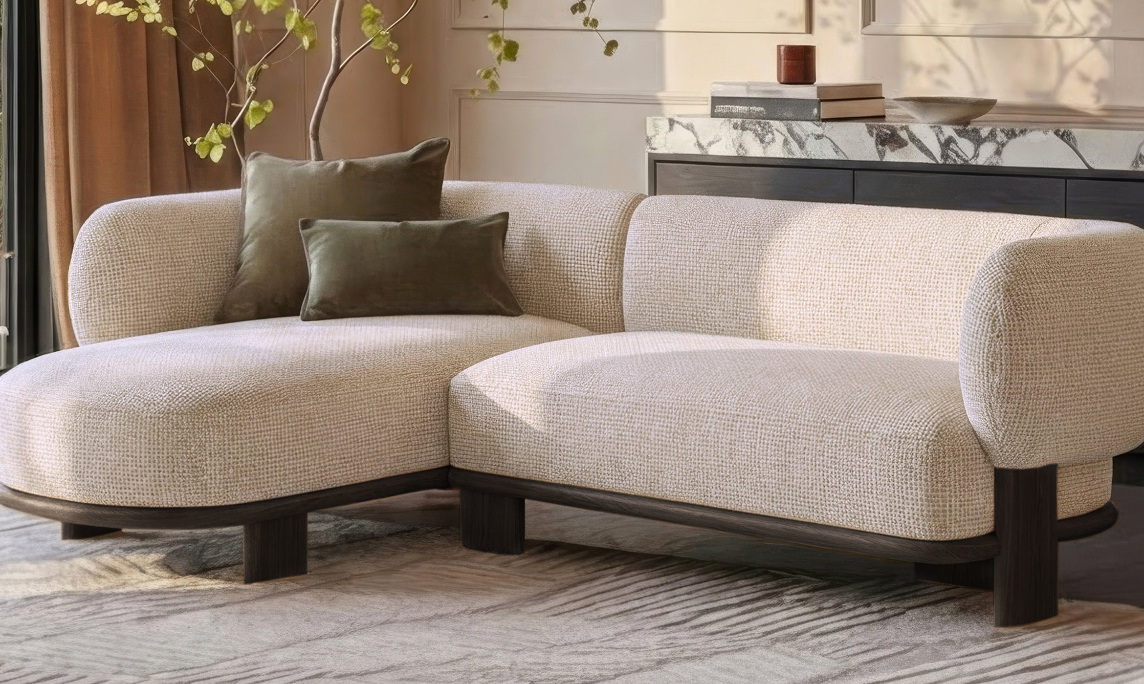 Florence natural fabric with dark wood left hand facing chaise sofa