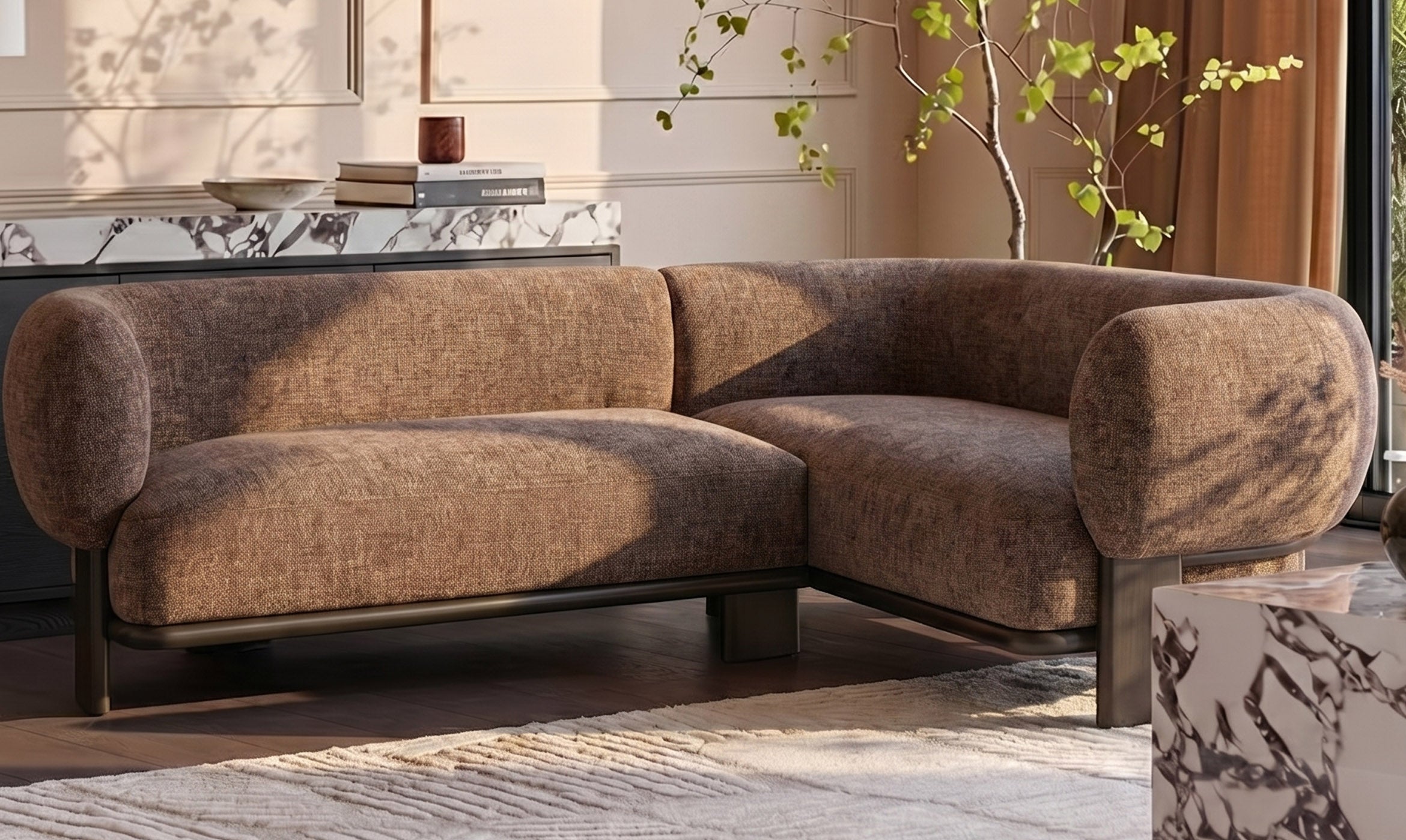 Florence mocha fabric with dark wood right hand facing small corner sofa