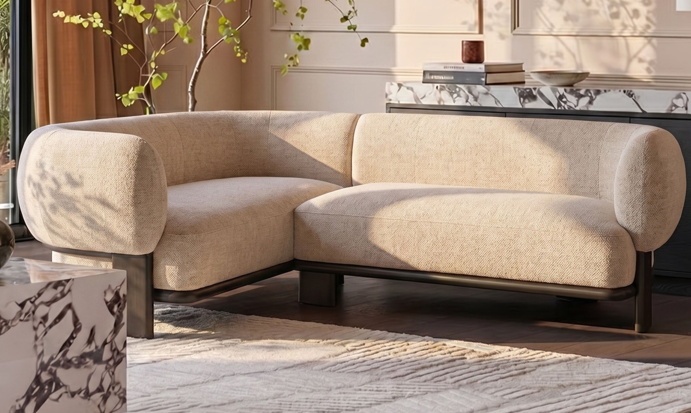 Florence natural fabric with dark wood left hand facing small corner sofa