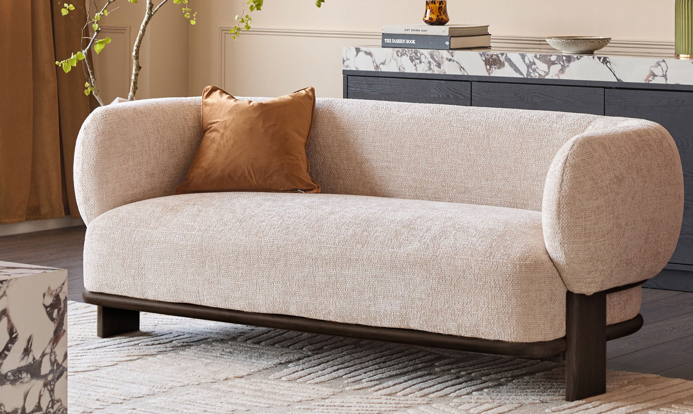Florence natural fabric with dark wood 2 seater sofa