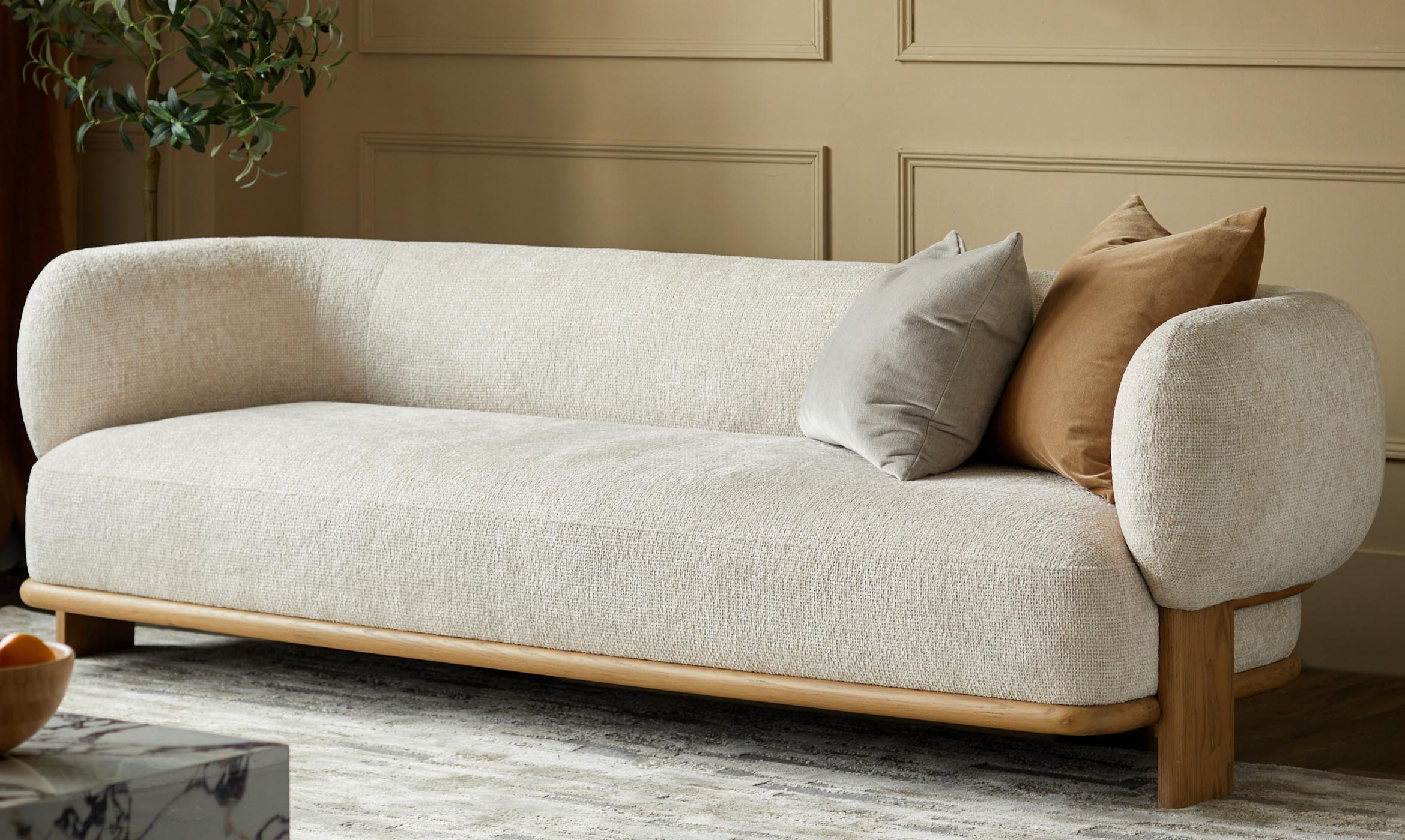 Florence natural fabric with light wood 3 seater sofa