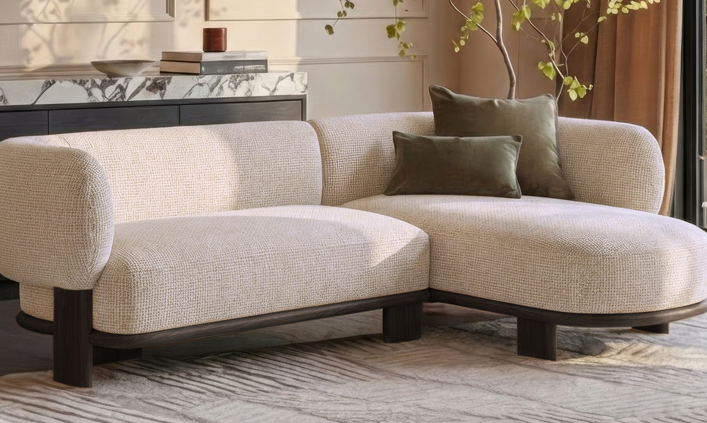 Florence natural fabric with dark wood right hand facing chaise sofa