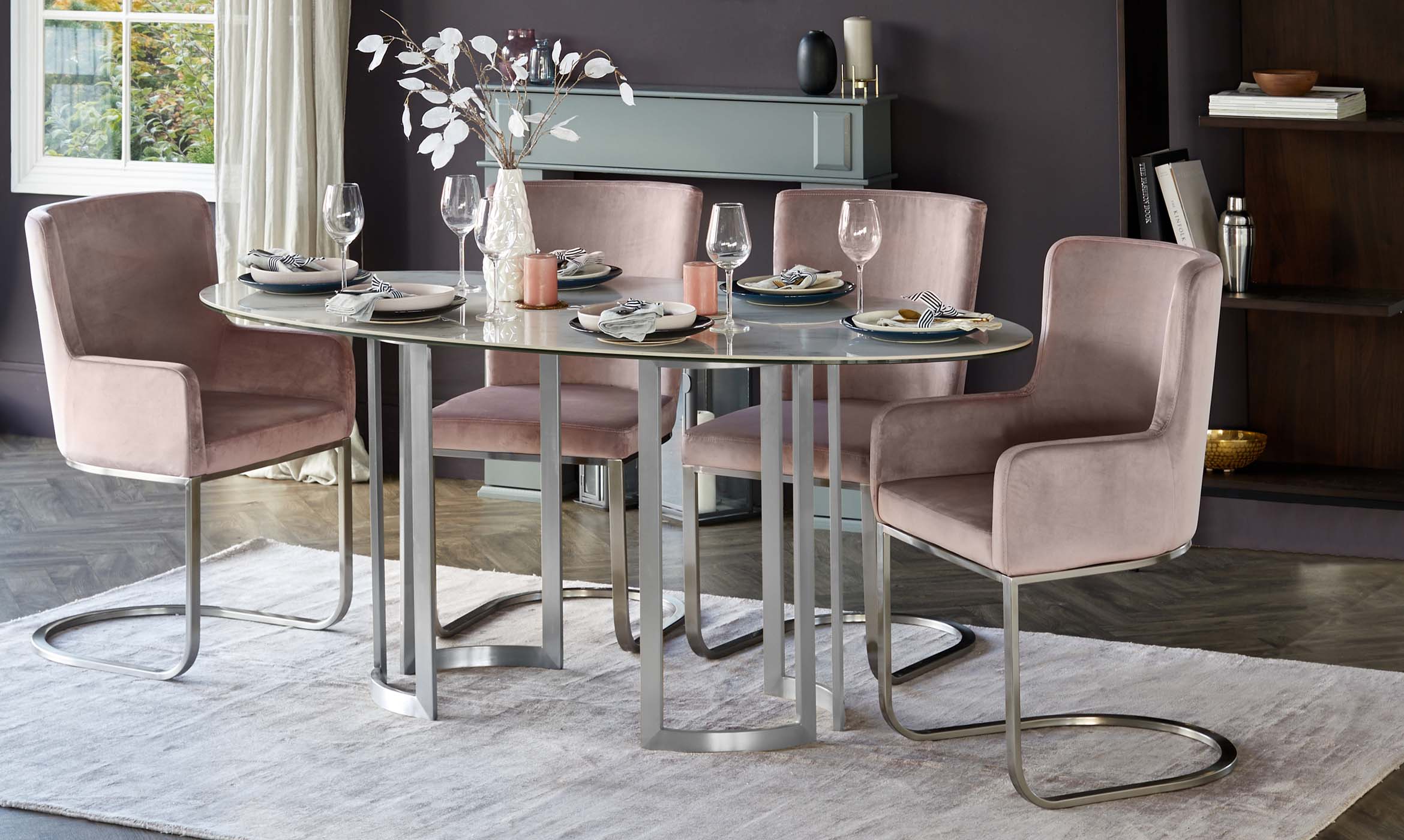 Form Blush Pink Velvet And Brushed Steel Dining Chair