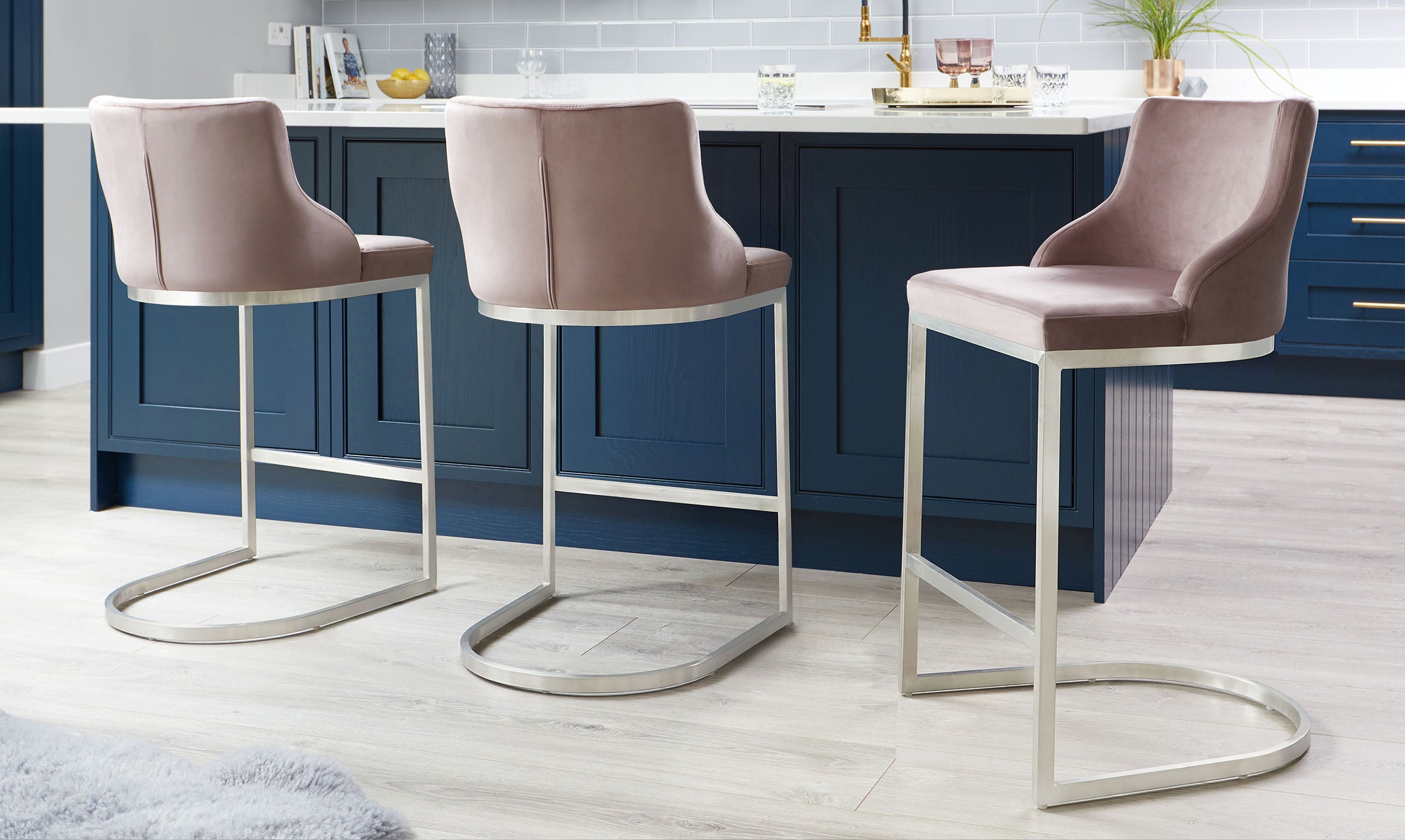 Form Blush Pink Velvet & Brushed Steel Bar Stool With Backrest