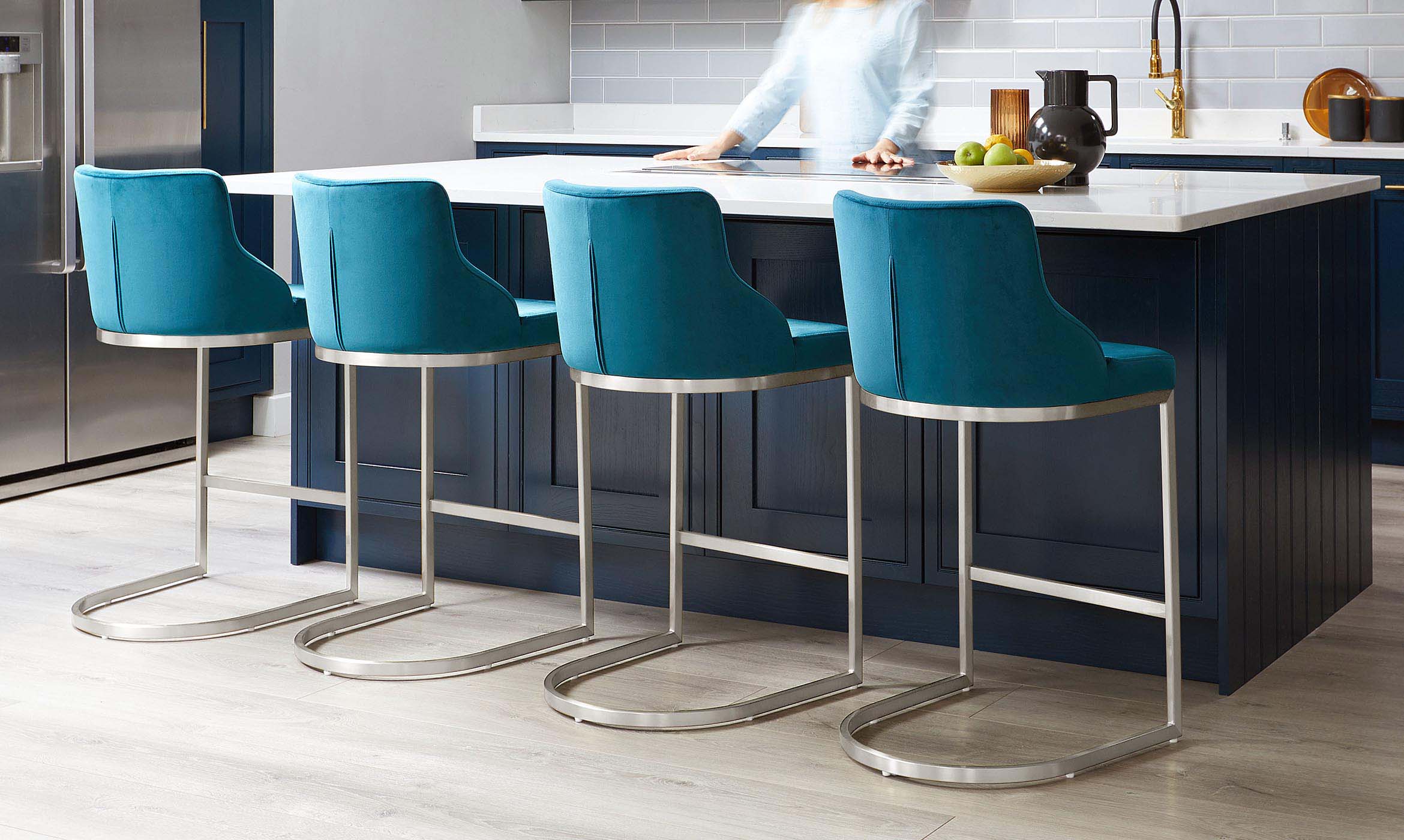 Form Dark Teal Velvet And Brushed Steel Bar Stool With Backrest