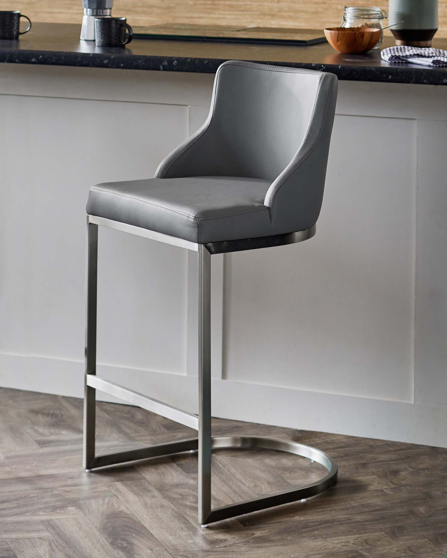 Metal Brushed Steel Bar Stools Form Grey Faux Leather Stainless
