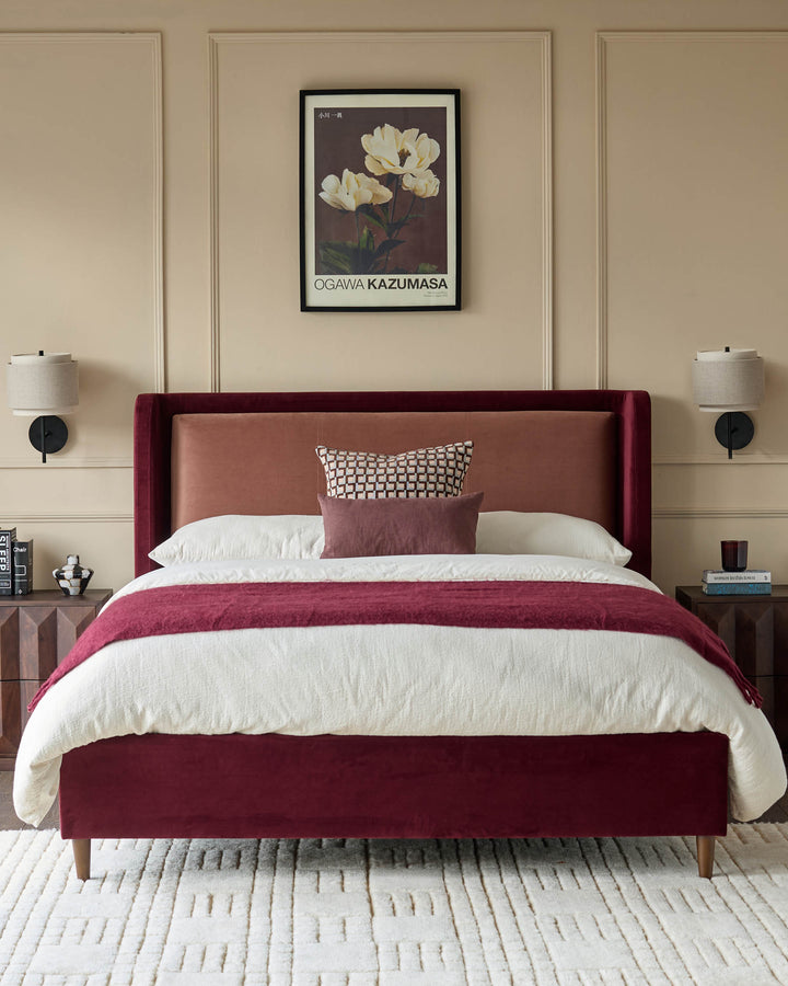 Grove King Ottoman Bed in rose velvet with plum headboard, styled in a bedroom with white bedding and decorative pillows.