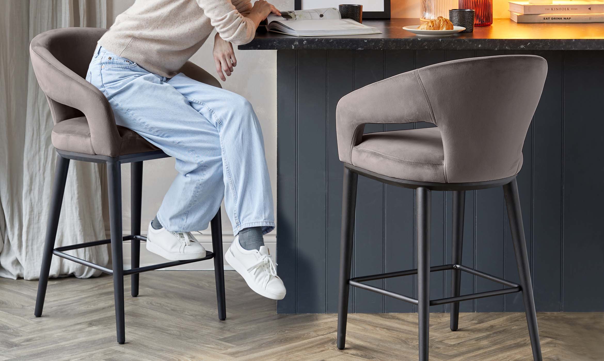 Heath Mocha Plush Velvet Black Wood Bar Stool