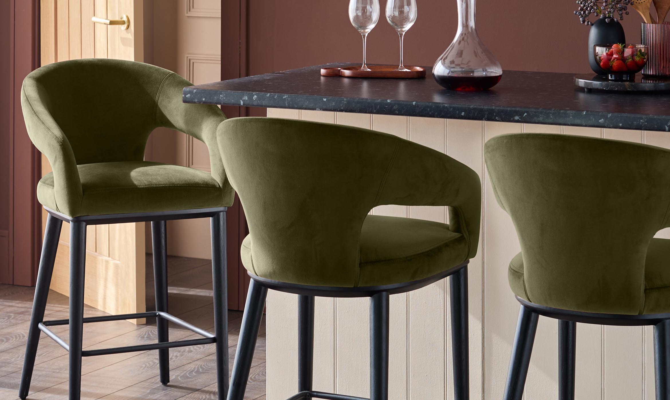 Heath olive green velvet bar stool