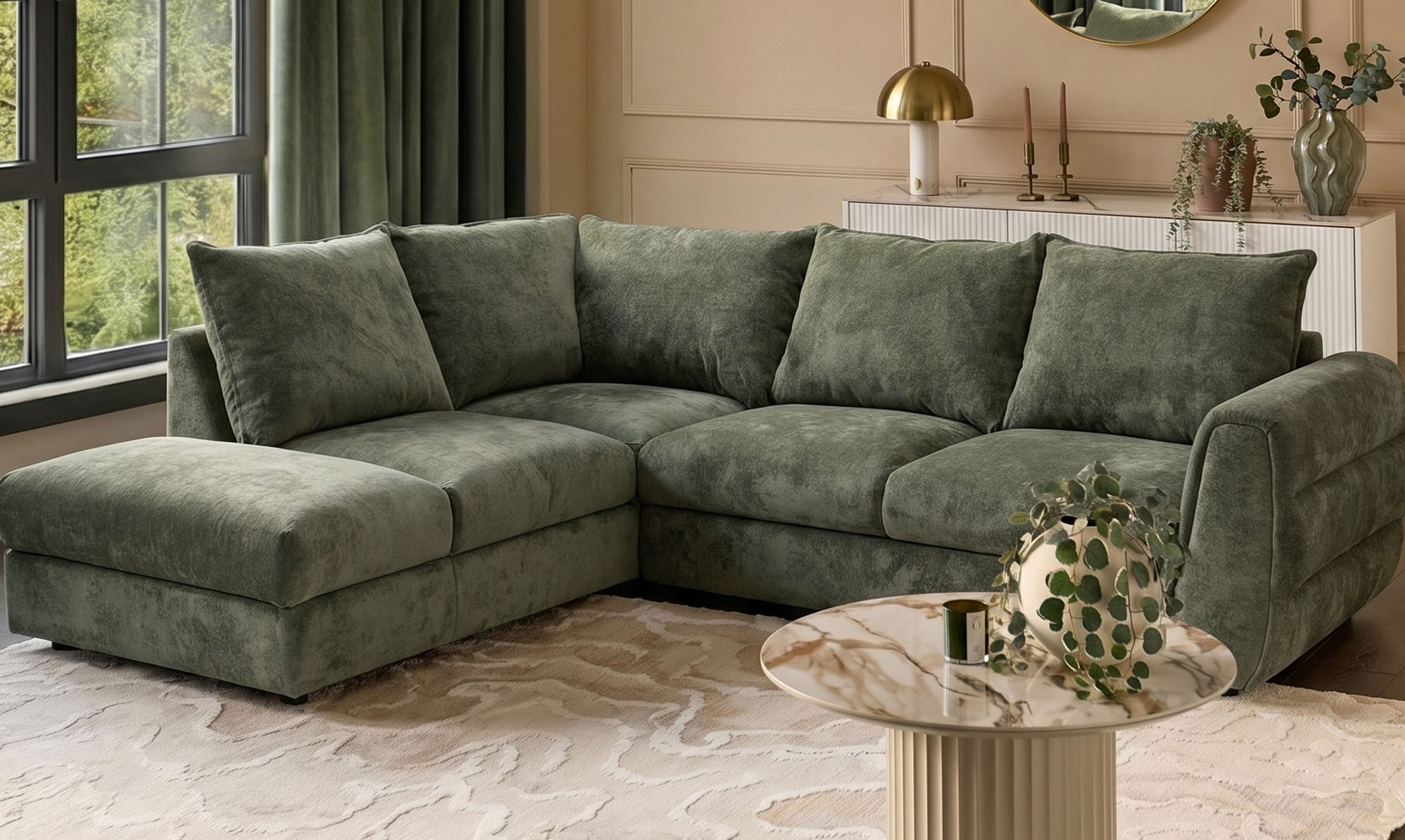 Heidi dark green chenille left hand corner chaise sofa