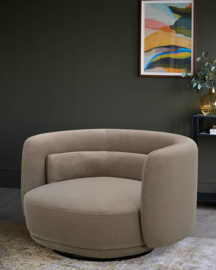 A cosy-looking, swivel armchair in a neutral tone. Perfect for relaxing after a long day.
