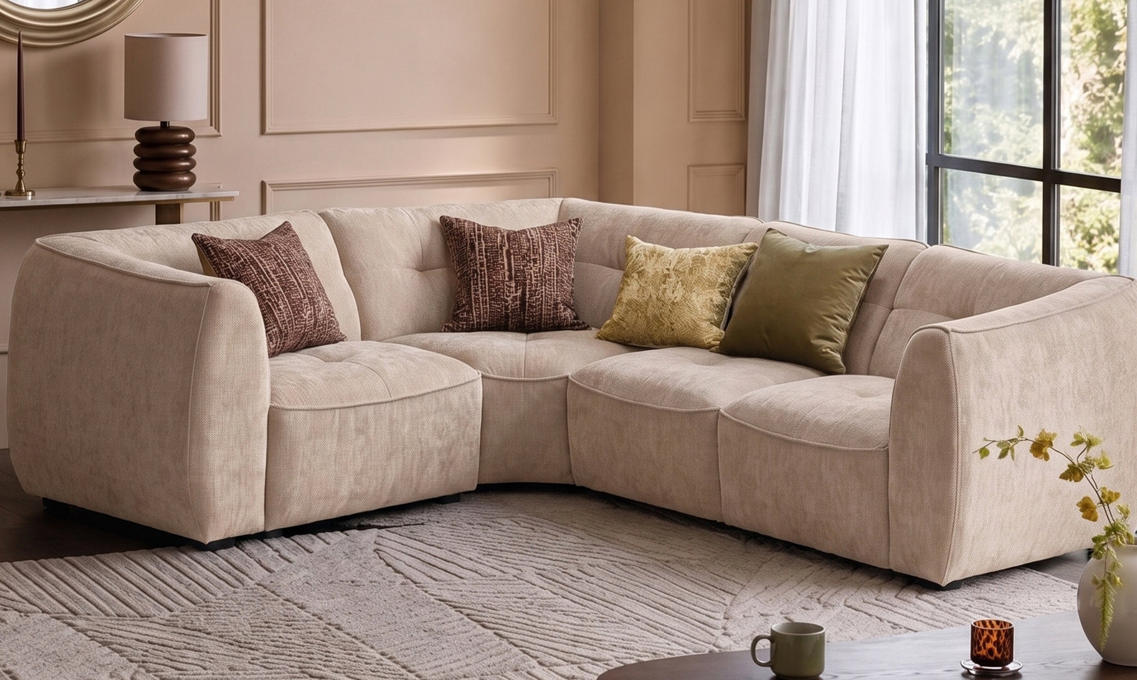 Jodie champagne chenille small corner sofa