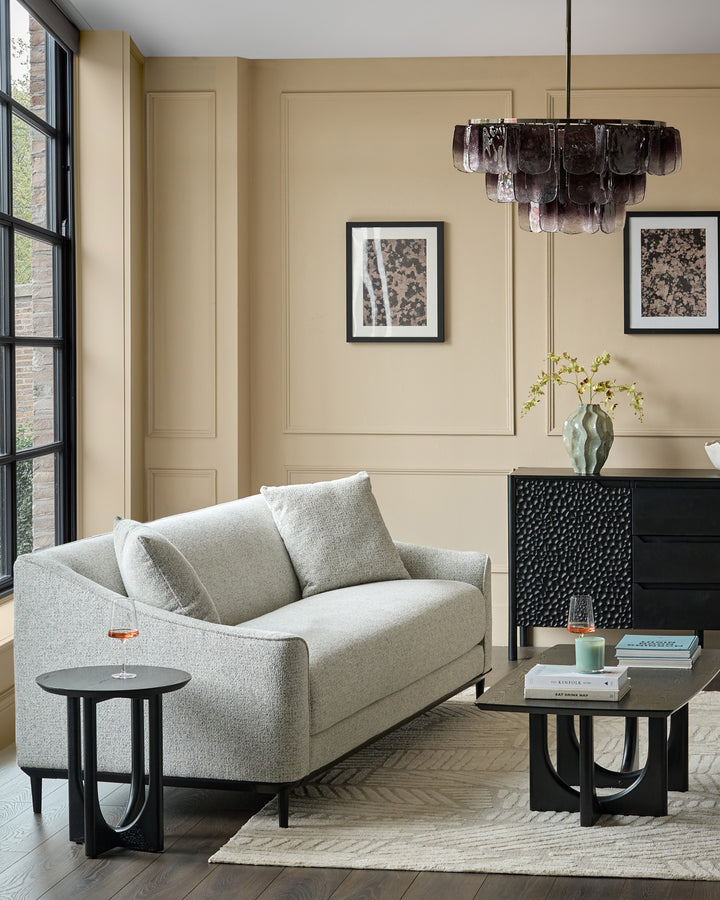 Julep Blackwood 3-seater sofa in grey fabric, displayed in a contemporary living room setting with black metal legs.