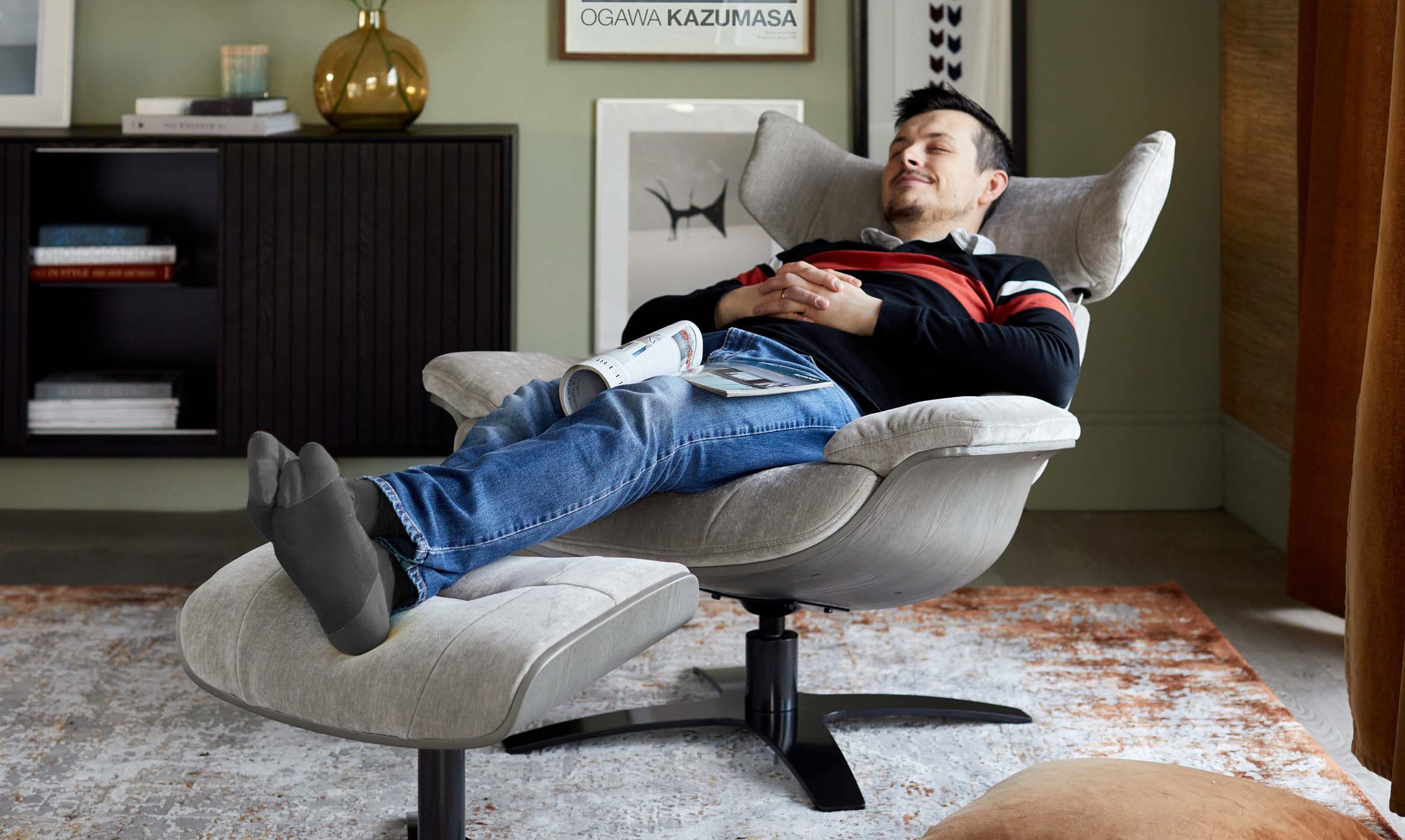 Karma light grey fabric swivel recliner accent chair and footstool