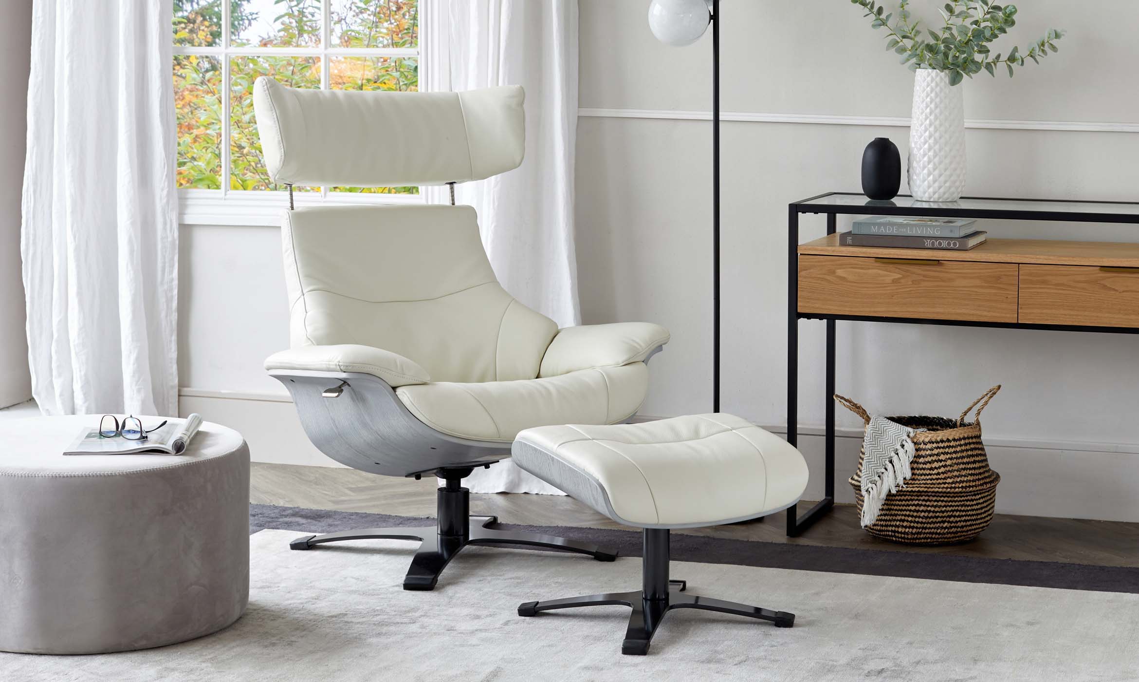 Karma white leather swivel recliner accent chair and footstool