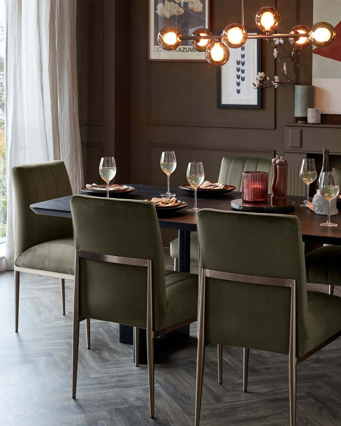 A dining room set with a dark wooden table and green velvet chairs with metallic frames. The lighting is modern and bright.