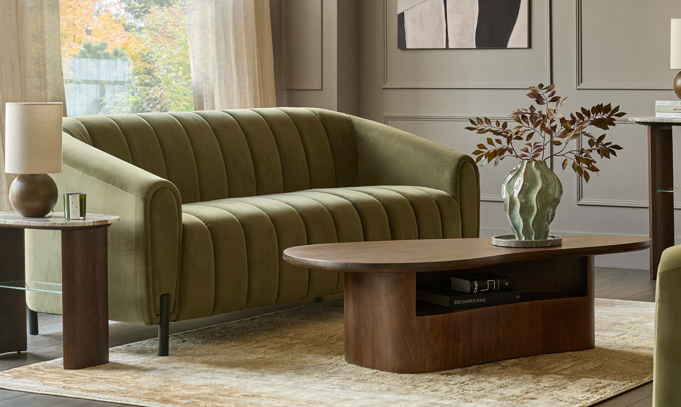 Kendra olive green velvet 3 seater sofa