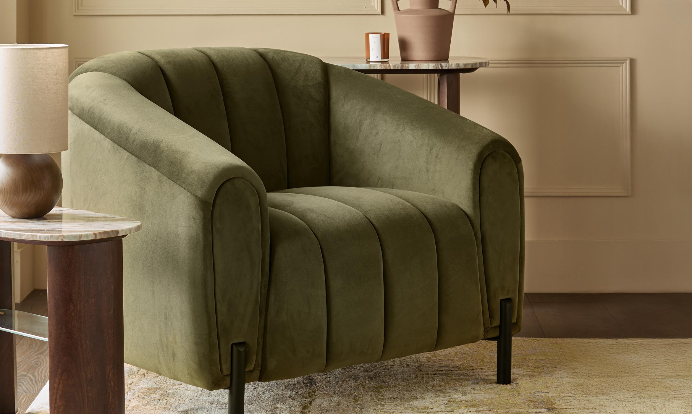 Kendra olive green velvet armchair