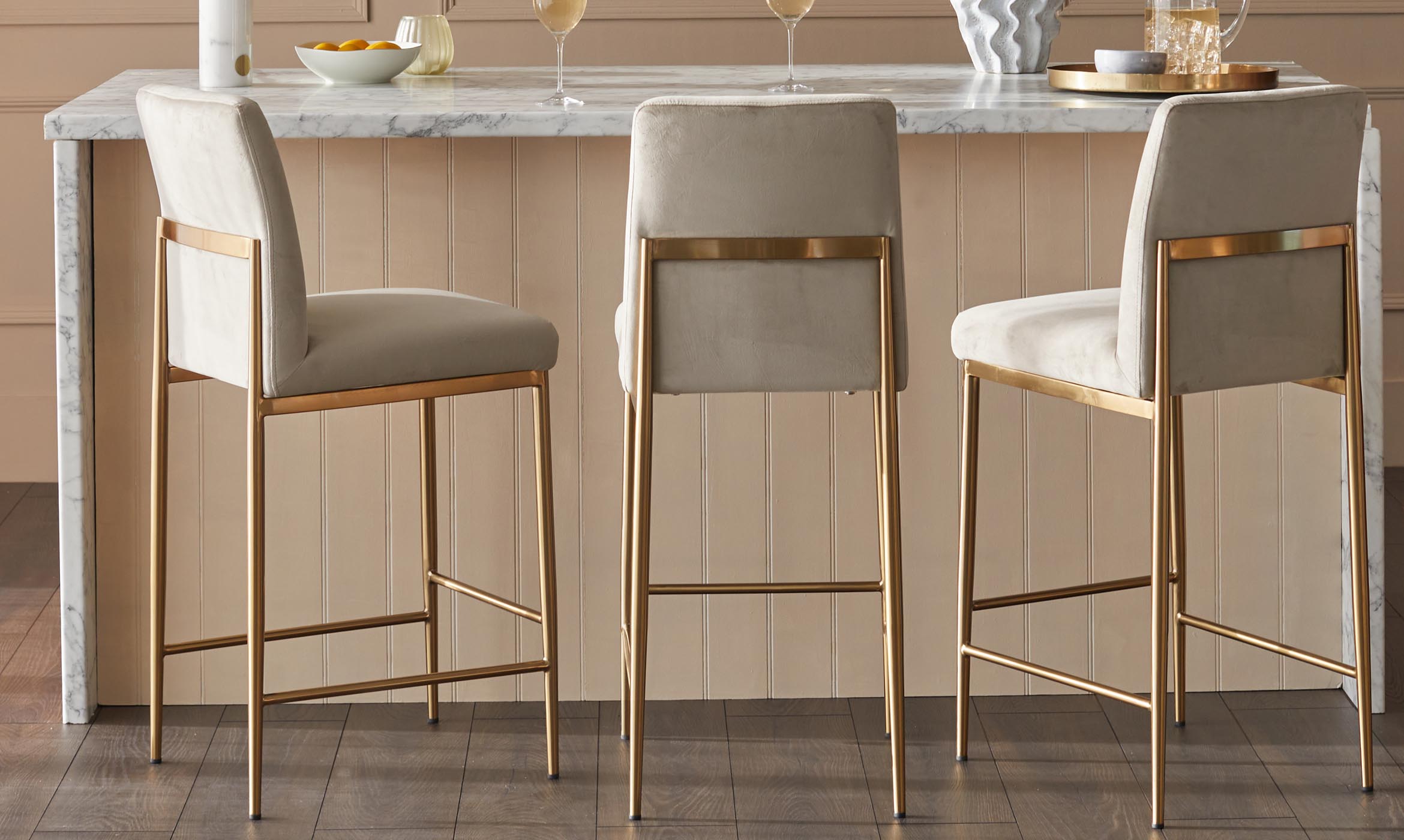 Keira Champagne Velvet And Brass Static Bar stool