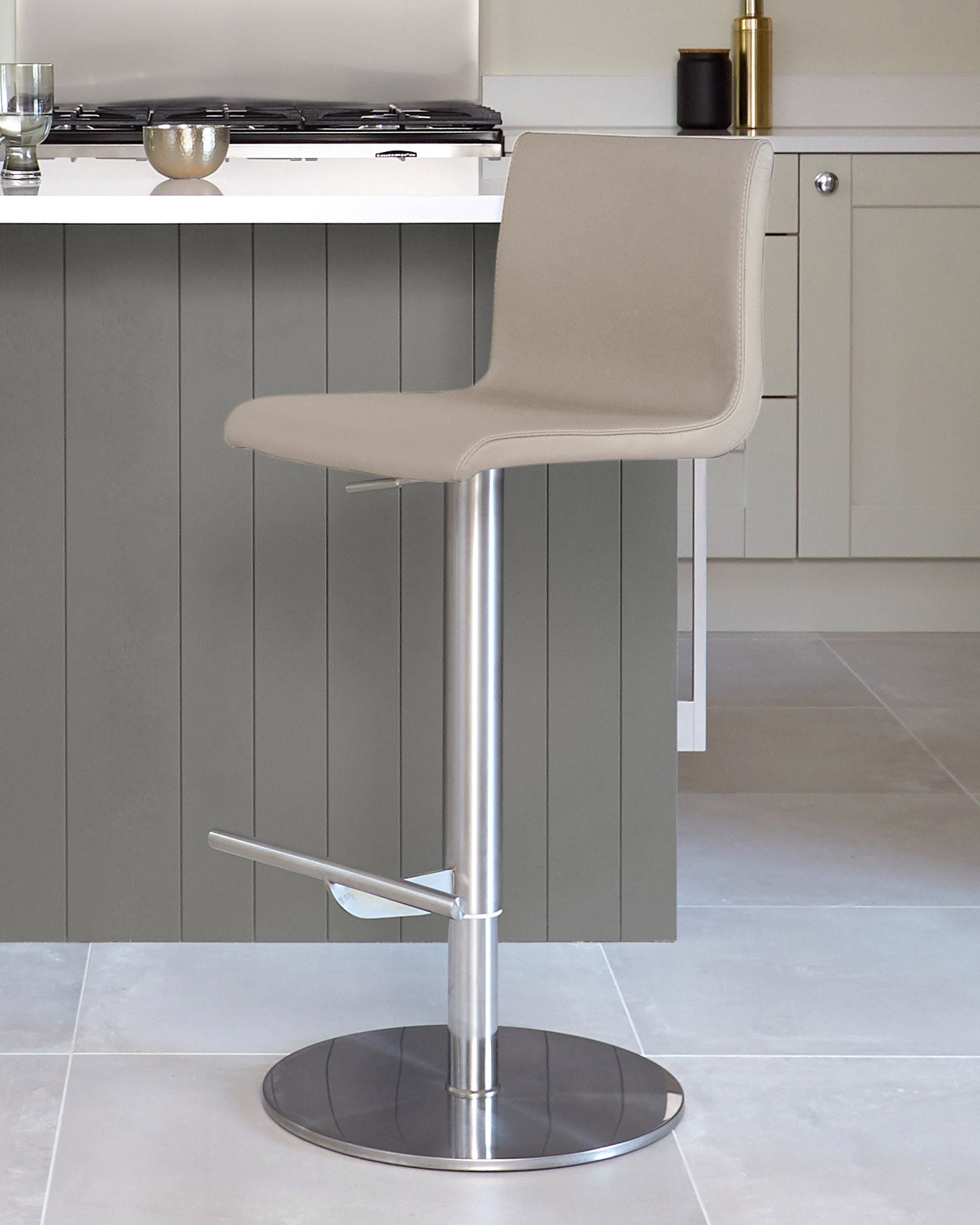 Kiki Light Grey Real Leather Gas Lift Bar Stools with Backs | Danetti