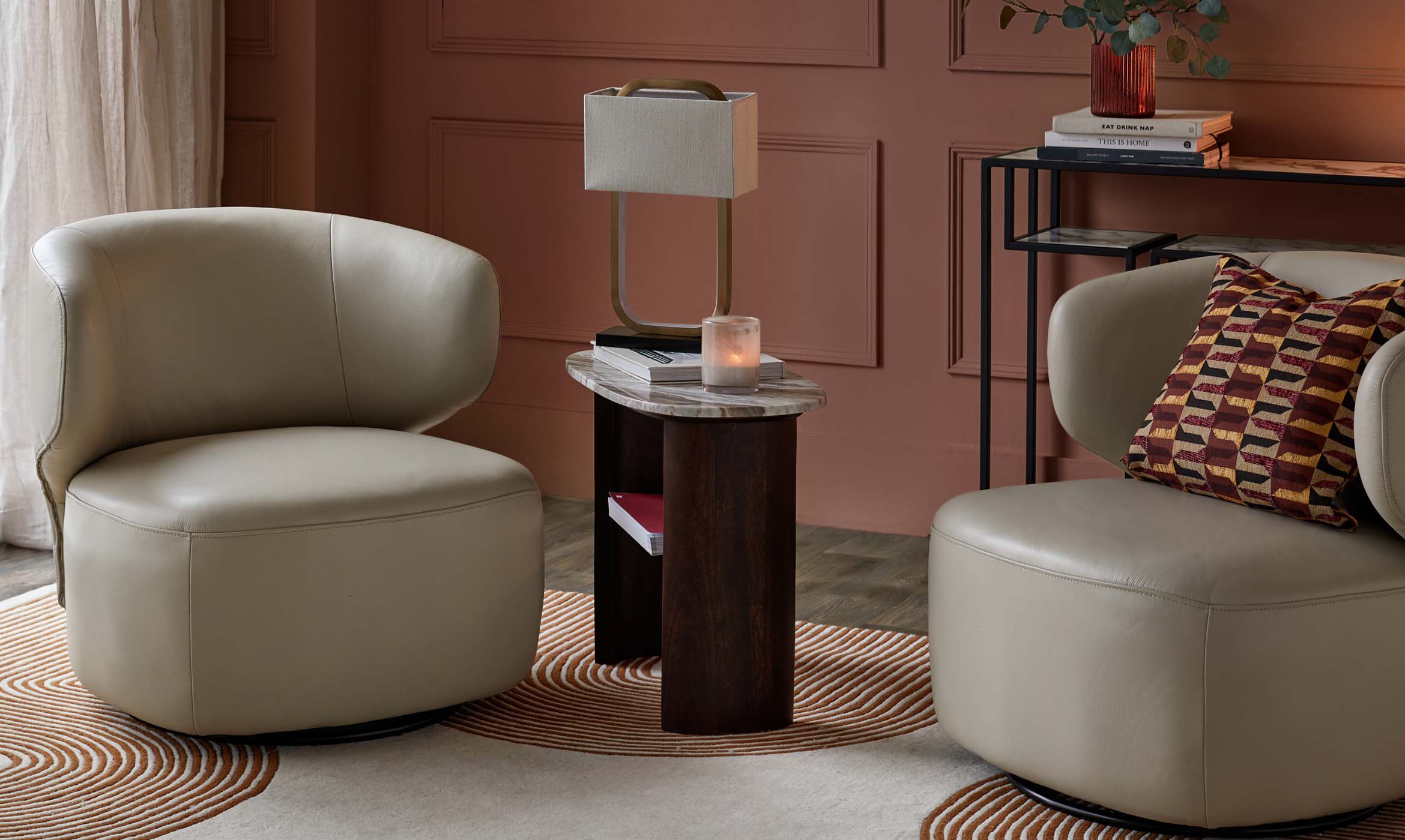 Landon natural grey leather swivel accent chair