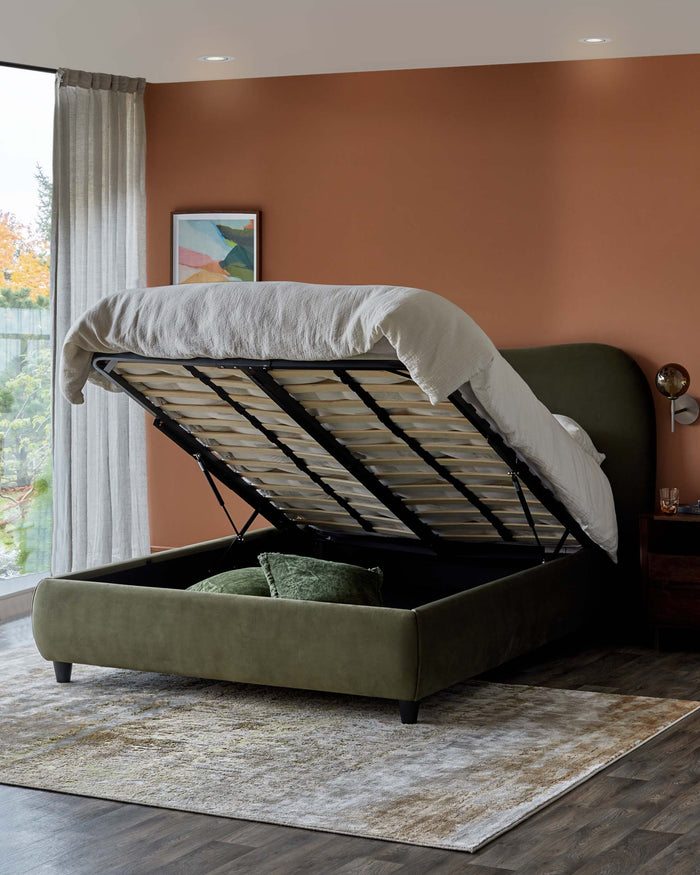 Olive green upholstered bed with lift-up frame, showcasing under-bed storage. Modern interior design with patterned rug.
