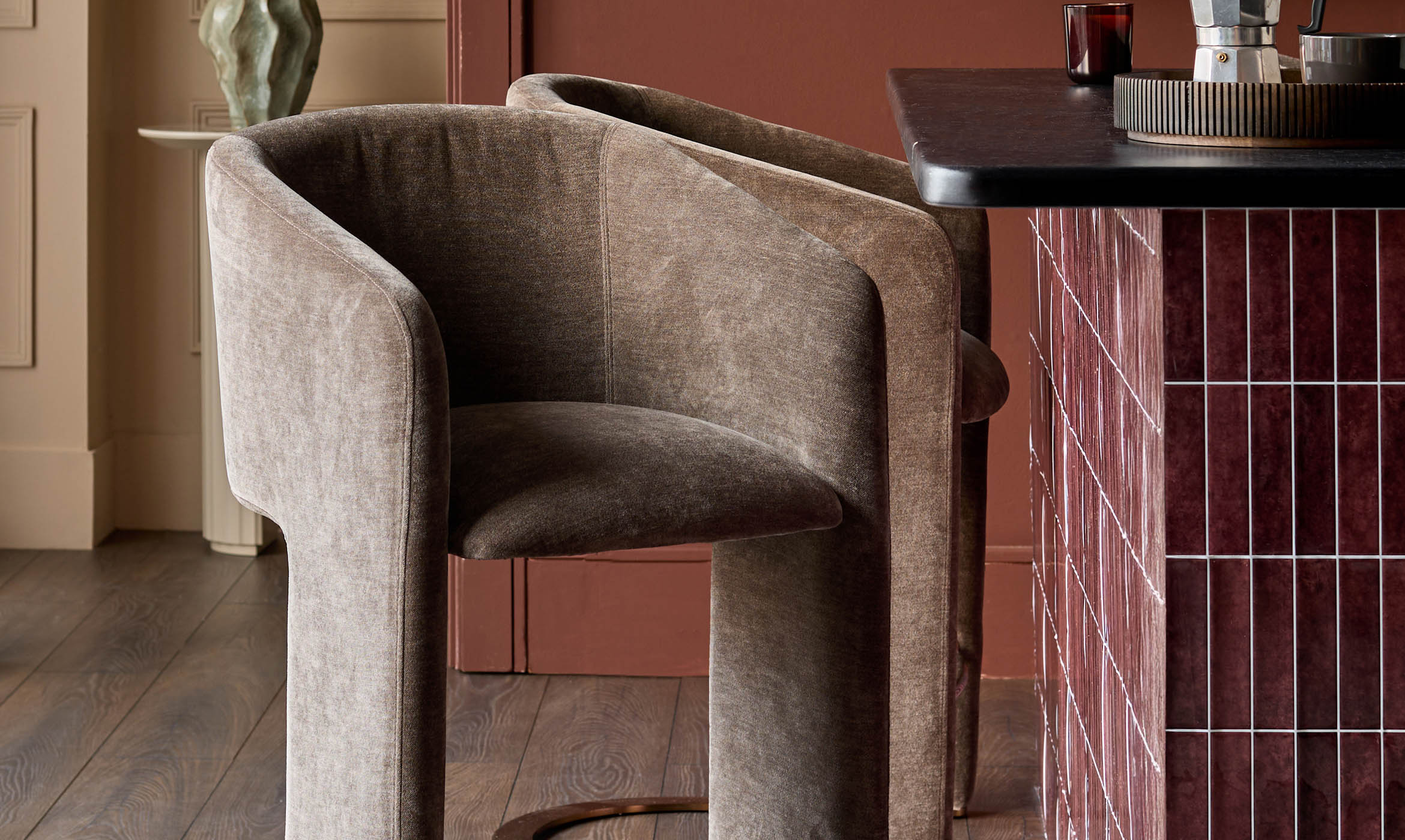 Leighton mocha chenille brushed bronze cantilever bar stool