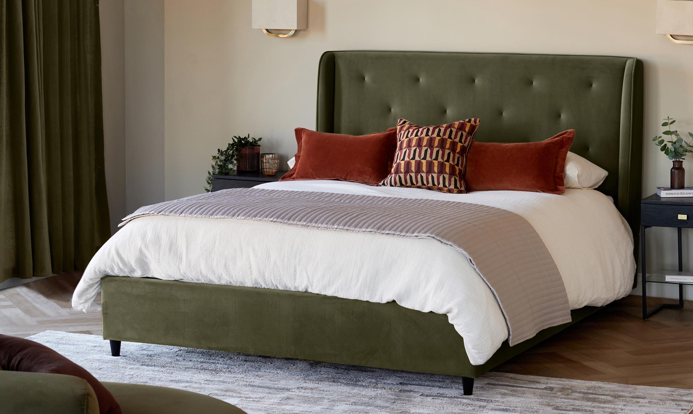 Lenora olive green velvet double ottoman storage bed