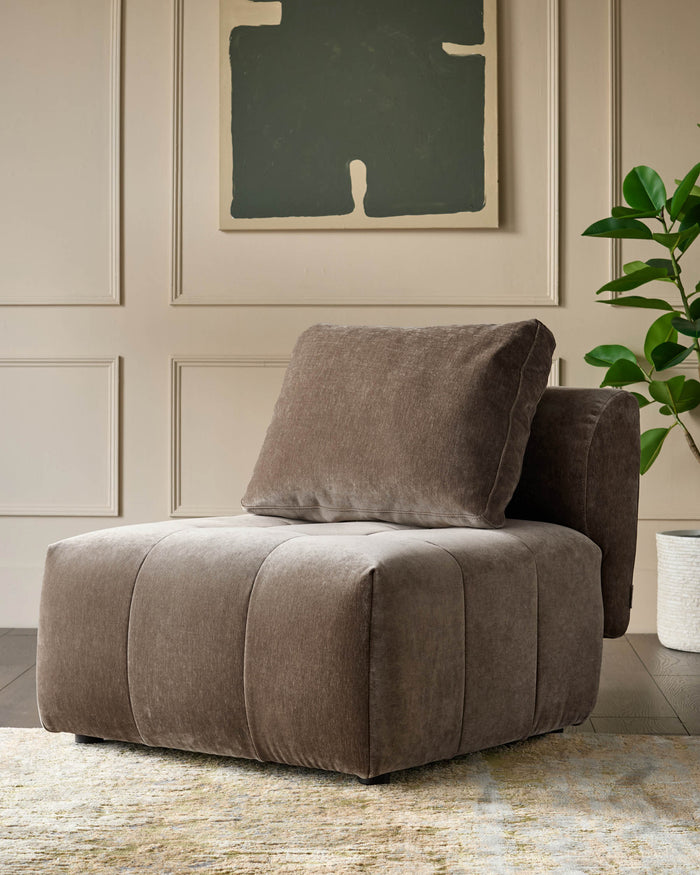 A plush brown armchair with a matching cushion, positioned on a patterned rug in front of a neutral wall and plant.