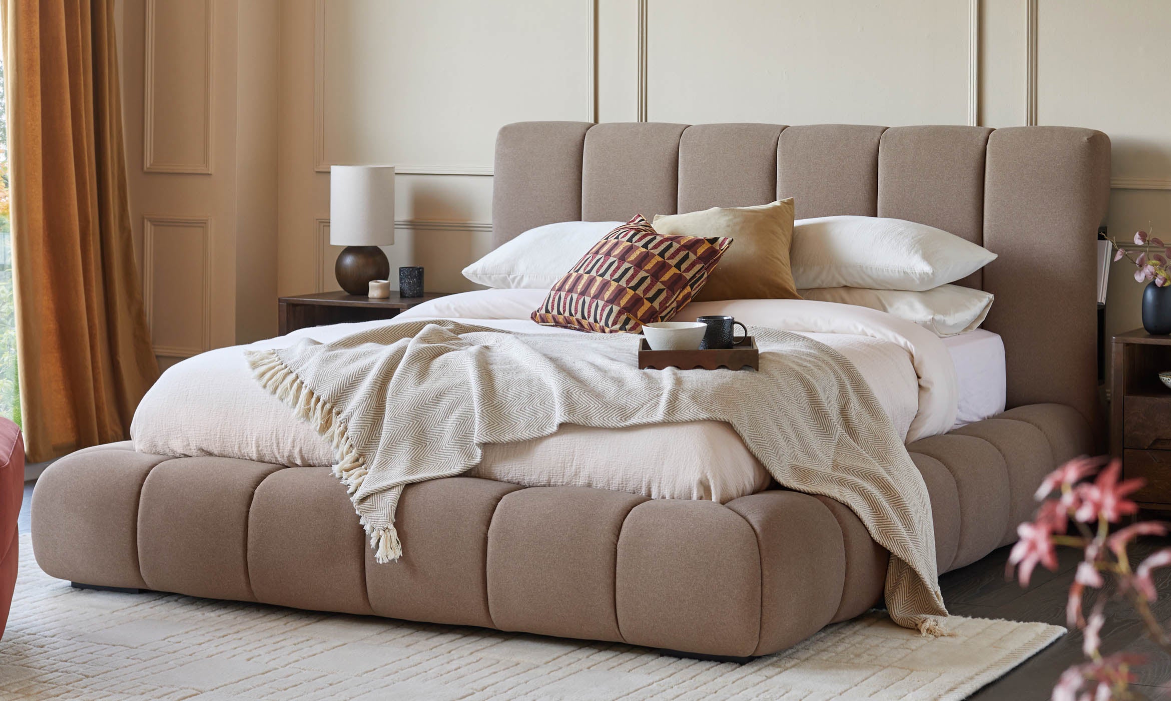 Lillian mocha fabric king size ottoman storage bed