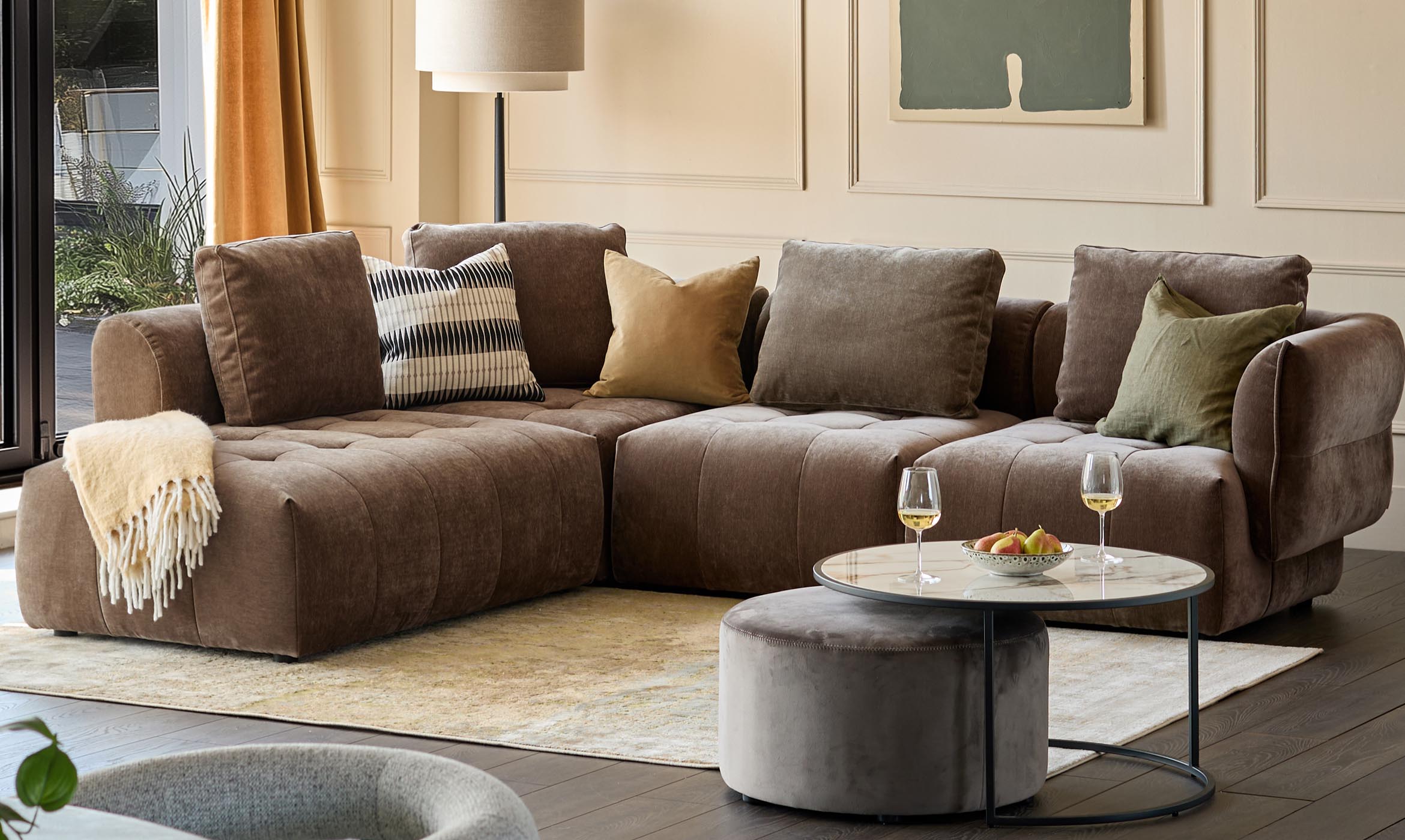 Lillian mocha fabric left hand corner chaise sofa