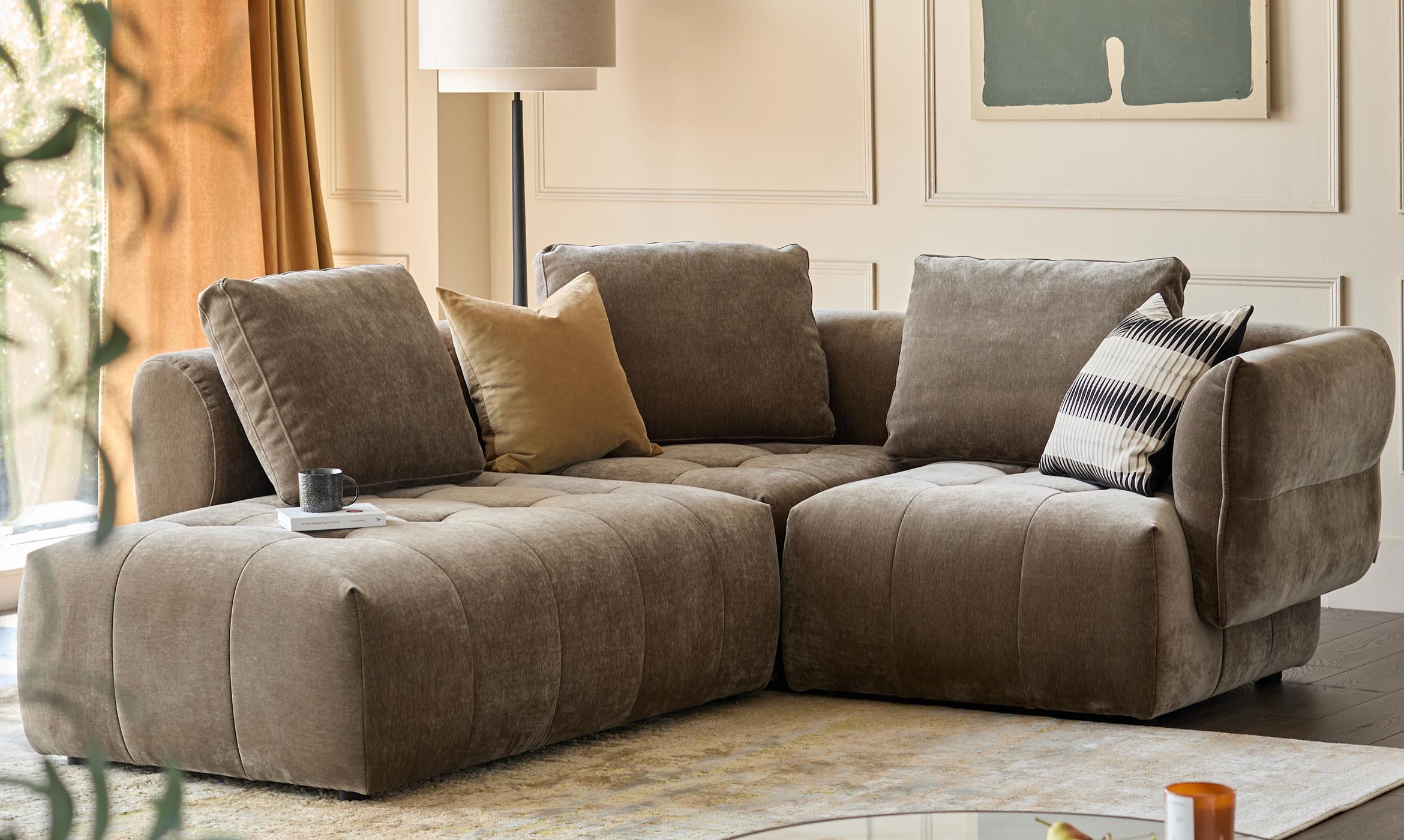 Lillian mocha fabric left hand small corner chaise sofa