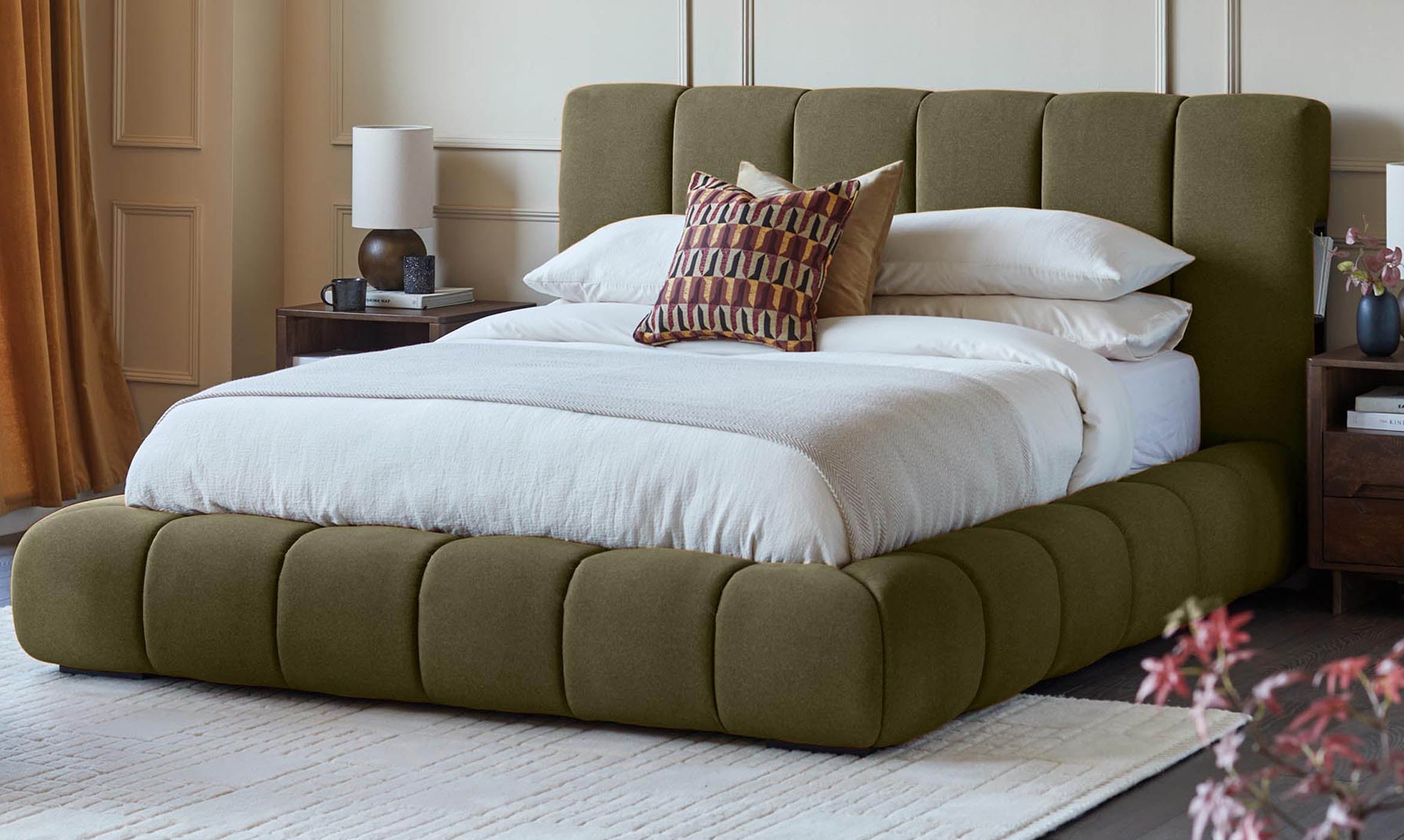 Lillian olive green fabric king size ottoman storage bed