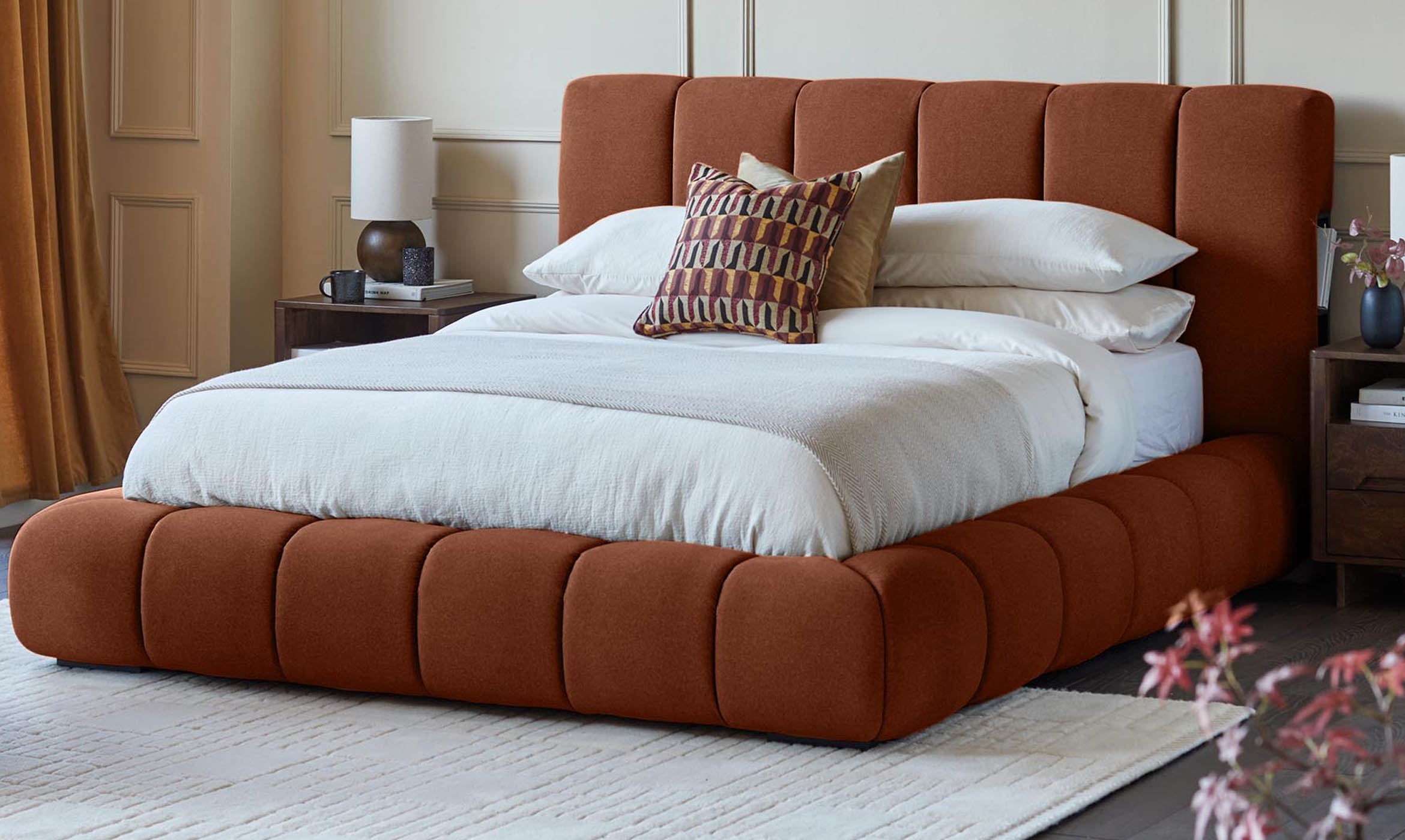 Lillian toffee red fabric king size ottoman storage bed