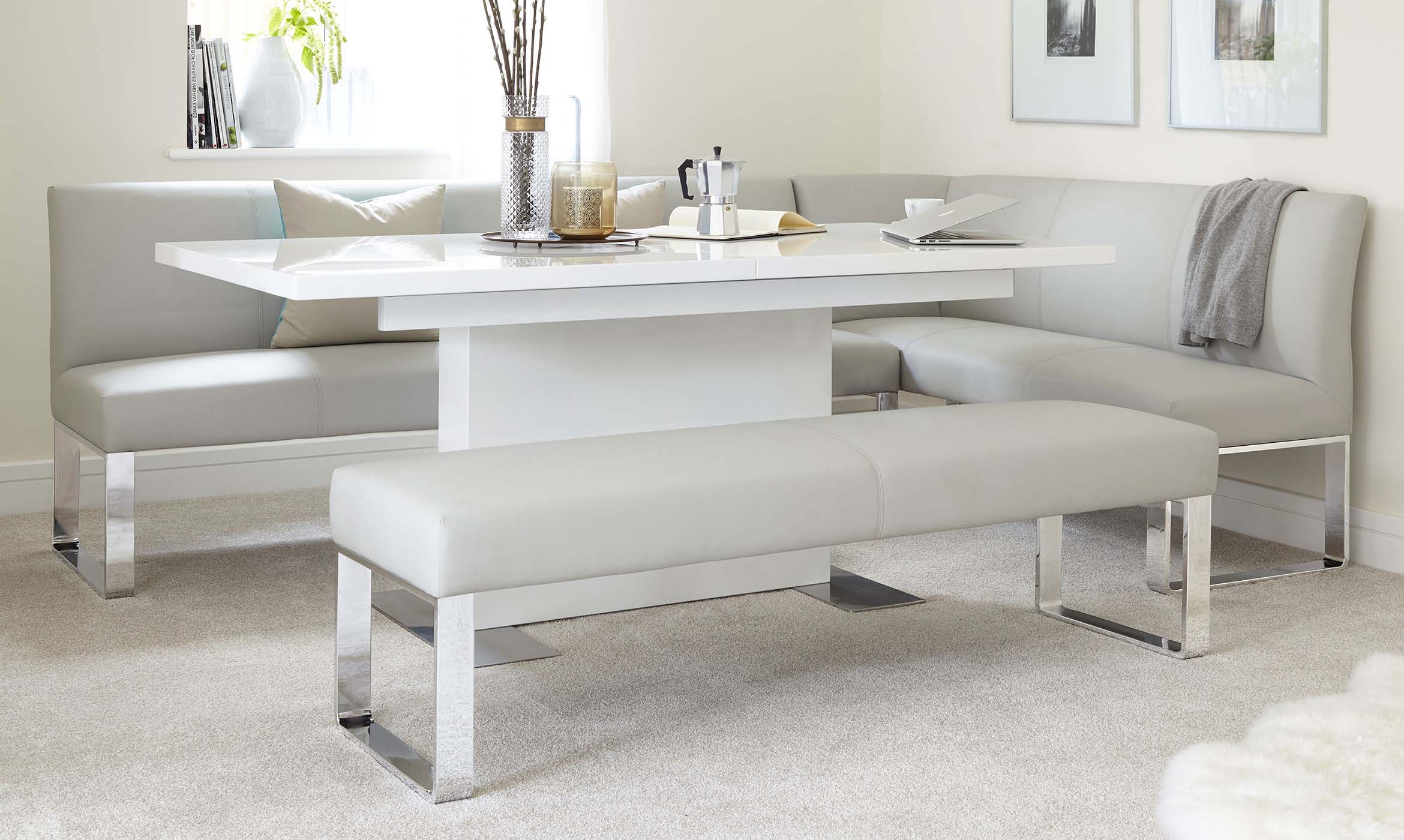 Loop 7 Seater Light Grey Faux Leather & Stainless Steel Left Hand Corner Dining Bench