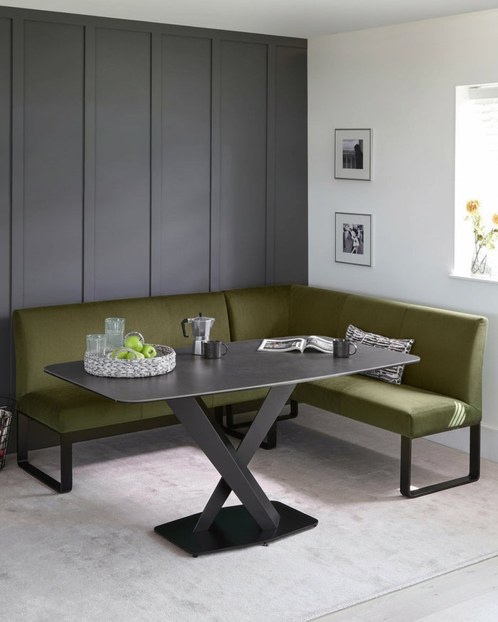 Loop olive green velvet black metal left hand corner 5 seater dining bench
