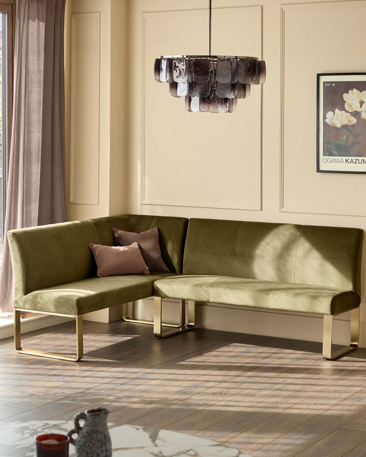Olive green 5-seater corner bench with brushed brass legs, right-hand configuration, in modern living room setting.