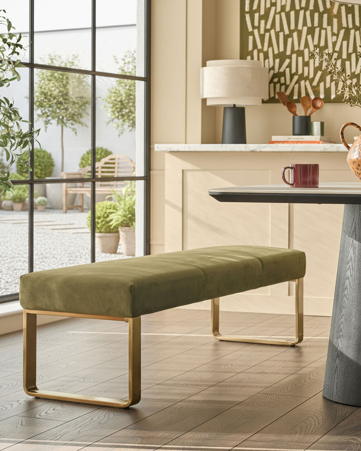 Dark grey ceramic 6-8 extending dining table with olive green right corner & 3 seater dining bench set