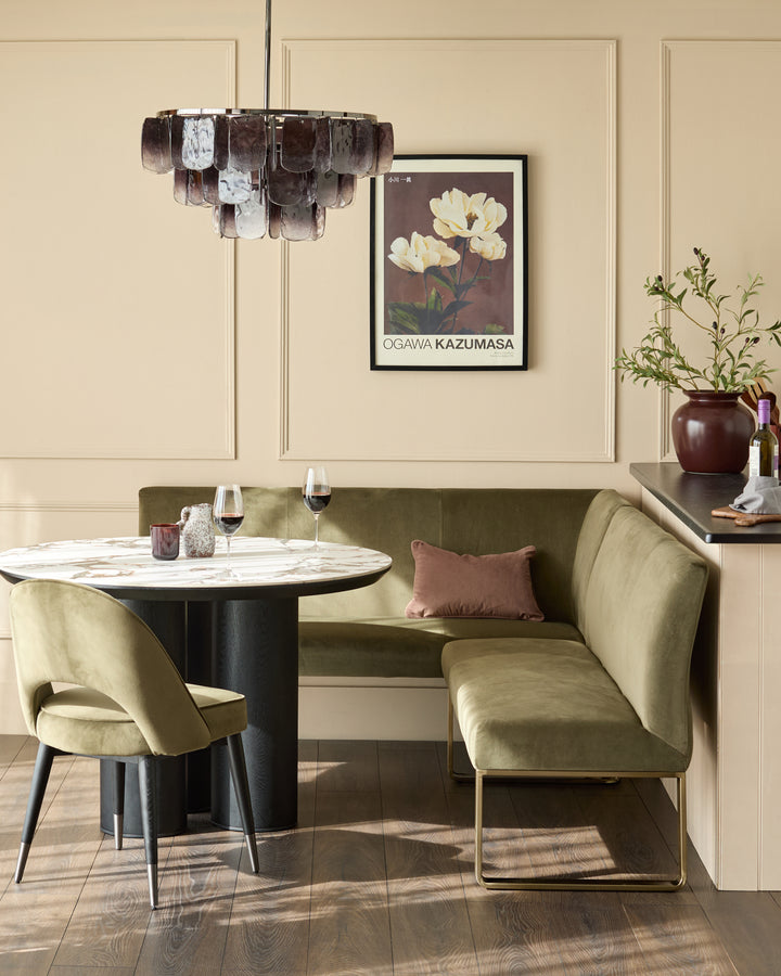 Natural ceramic 6 seater dining table with Mason olive green velvet dining chairs & right corner dining bench set