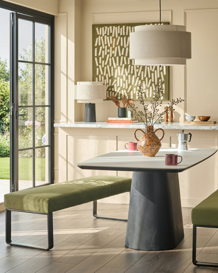 Loop olive green velvet 3 seater black metal dining bench without backrest