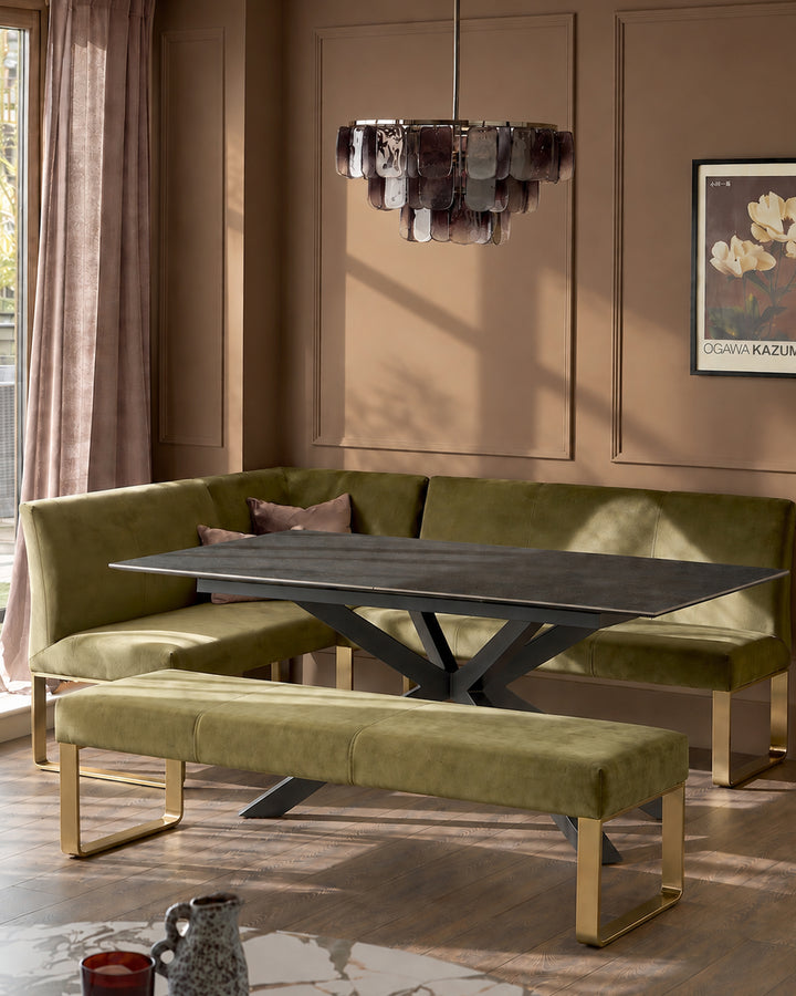 Dark grey ceramic 6-8 extending dining table with olive green right corner & 3 seater dining bench set