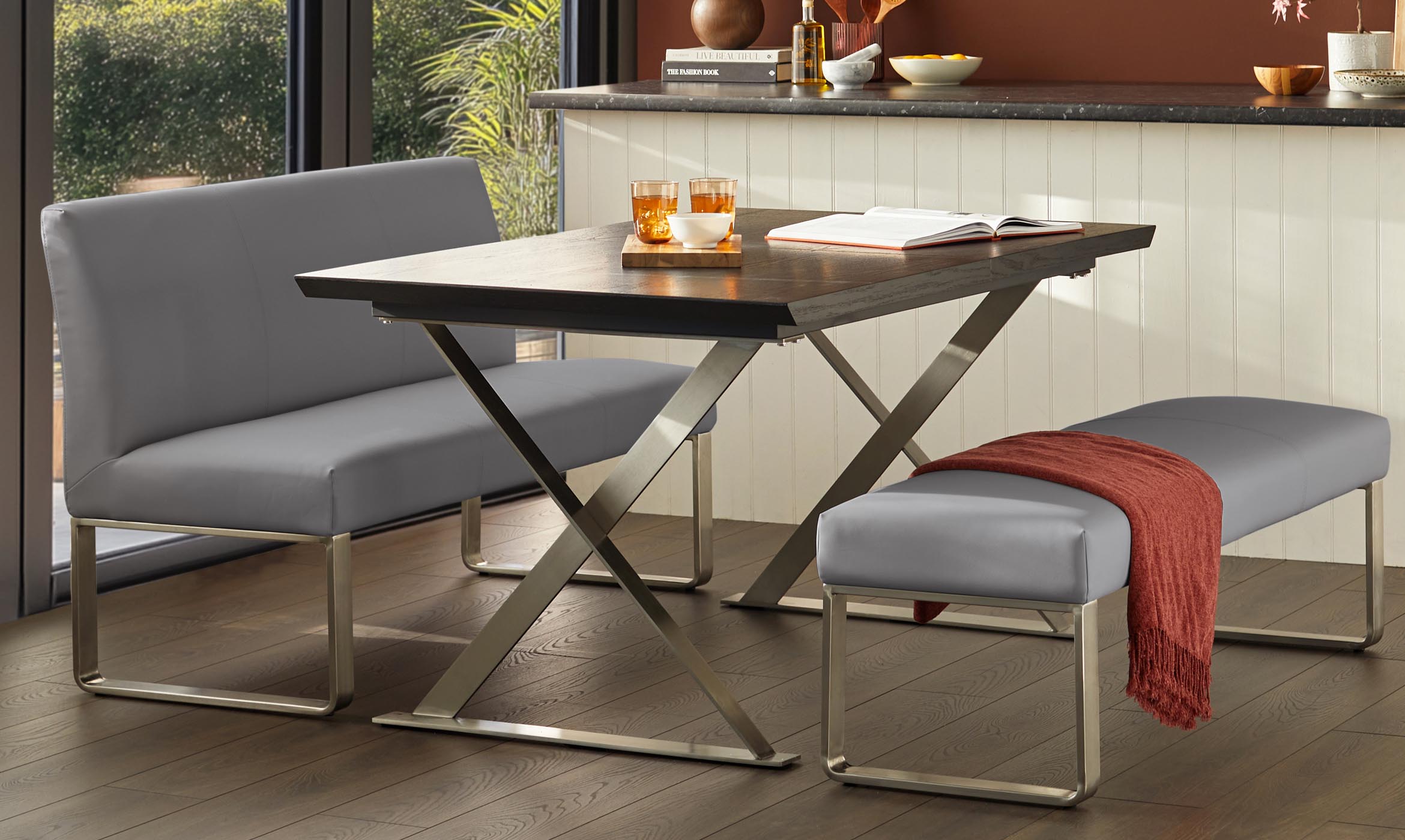 Loop 3 Seater Grey Faux Leather & Stainless Steel Dining Bench With Backrest