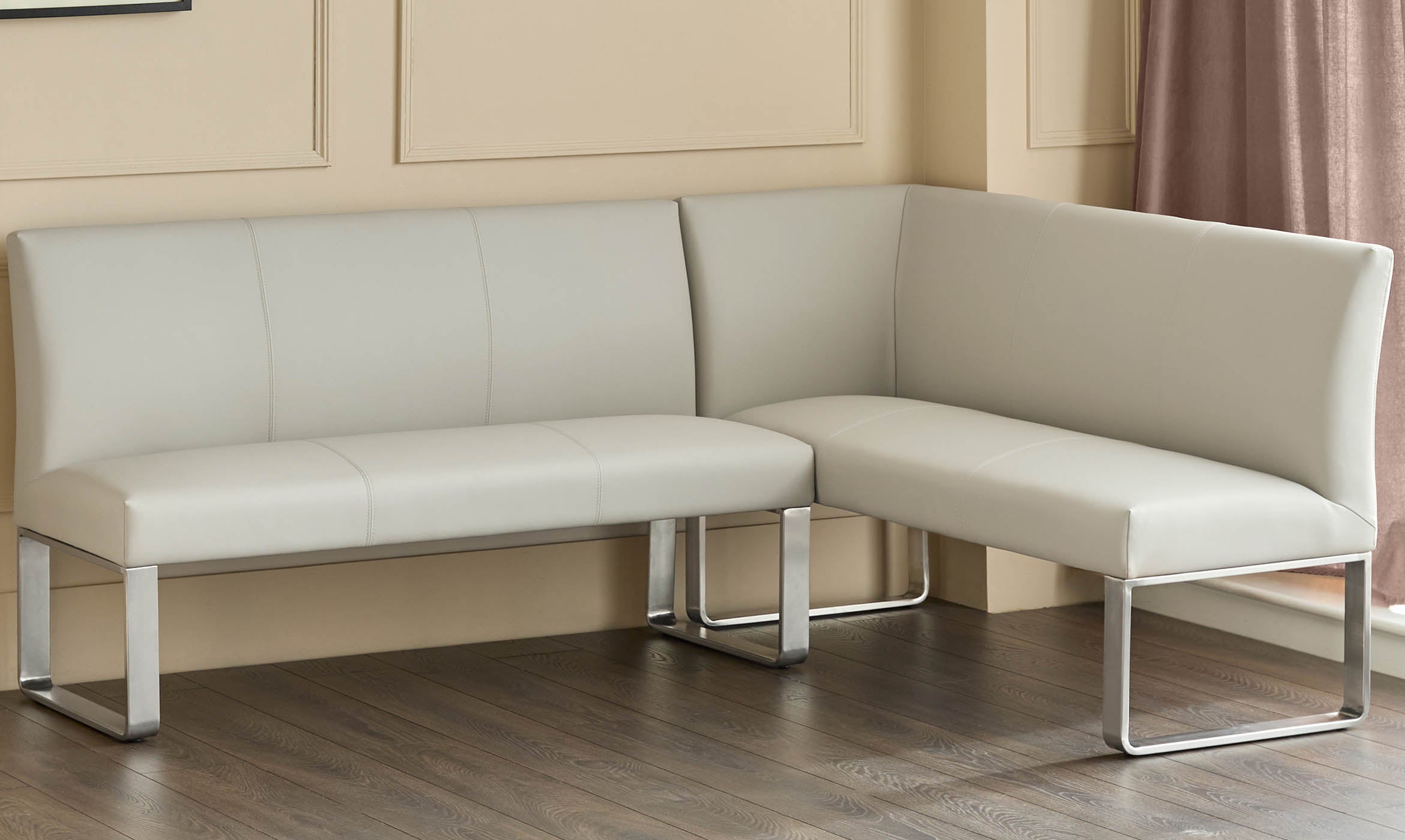 Loop 5 Seater Light Grey Faux Leather & Stainless Steel Left Hand Corner Dining Bench