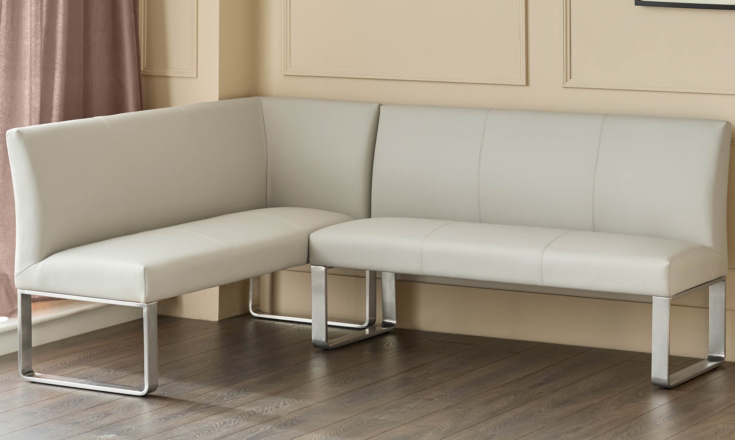 Loop 5 Seater Light Grey Faux Leather & Stainless Steel Right Hand Corner Dining Bench