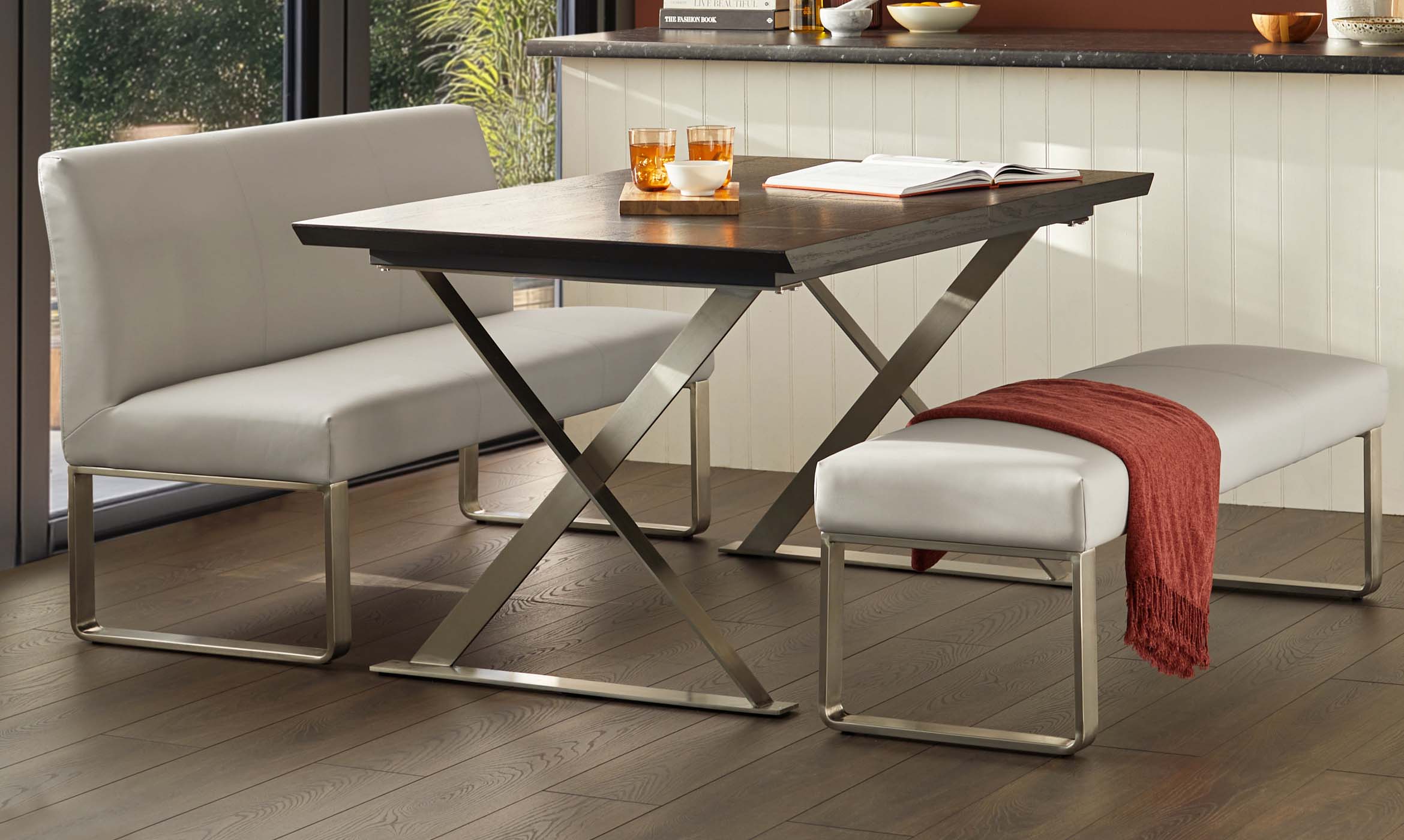 Loop 3 Seater Light Grey Faux Leather & Stainless Steel Bench Without Backrest