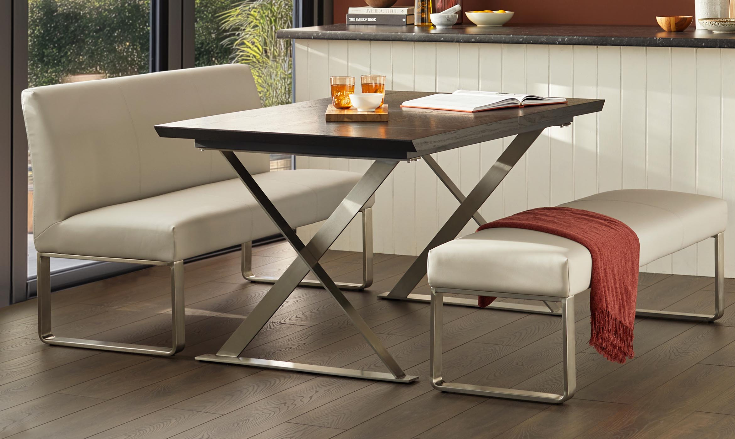 Loop 3 Seater Light Grey Faux Leather & Stainless Steel Dining Bench With Backrest