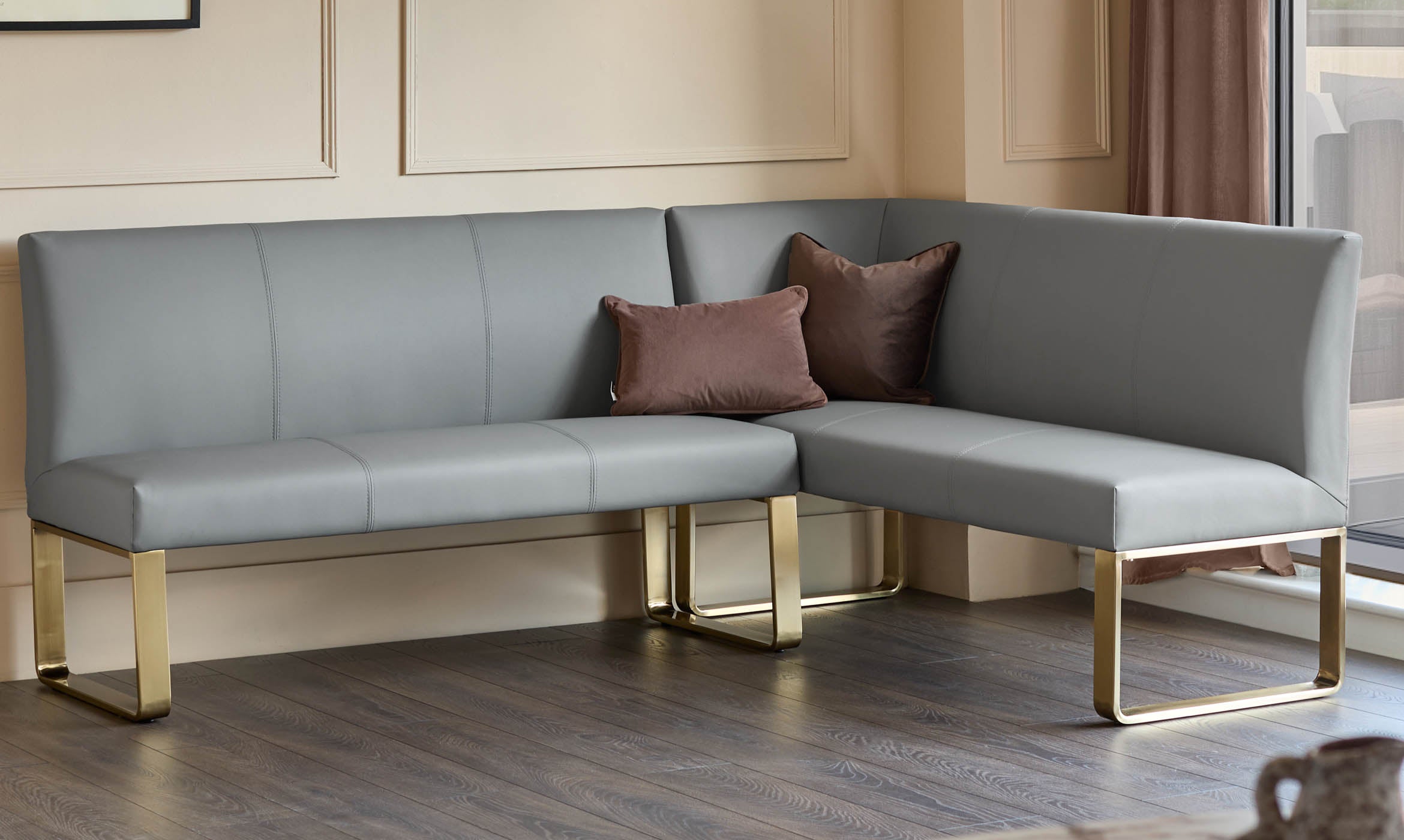 Loop mid grey faux leather left hand corner 5 seater brushed brass leg dining bench