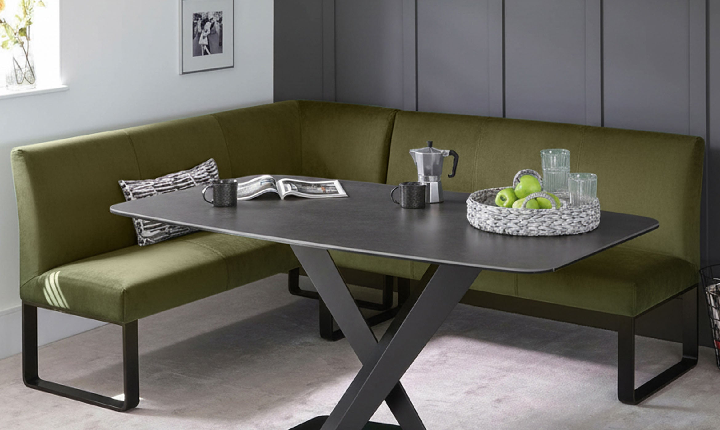 Loop olive green velvet black metal right hand corner 5 seater dining bench